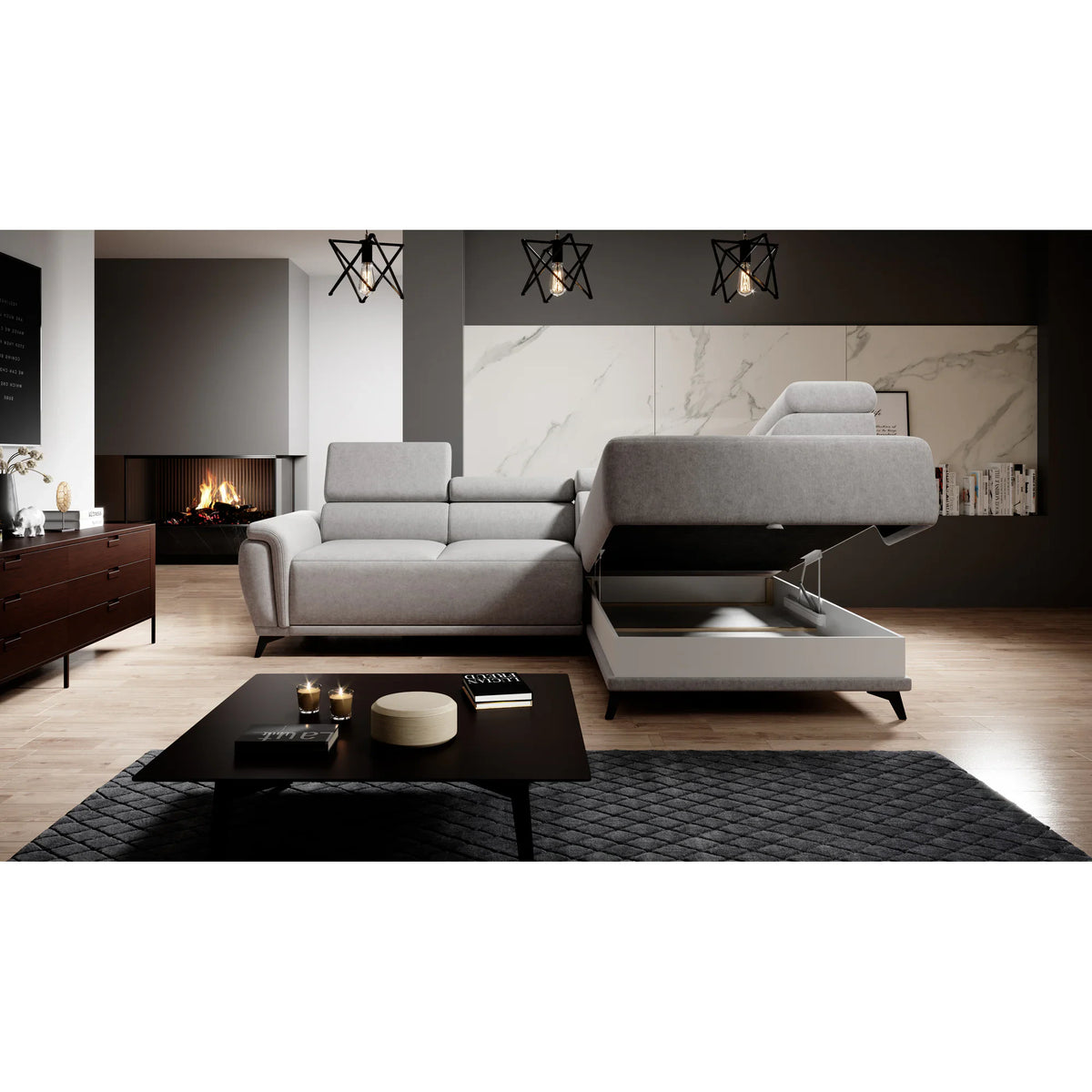 Coltar extensibil ATLANTA, sezlong dreapta, stofa clasica bej - Austin 2, cu lada depozitare si tetiere reglabile, 281x203x98 cm