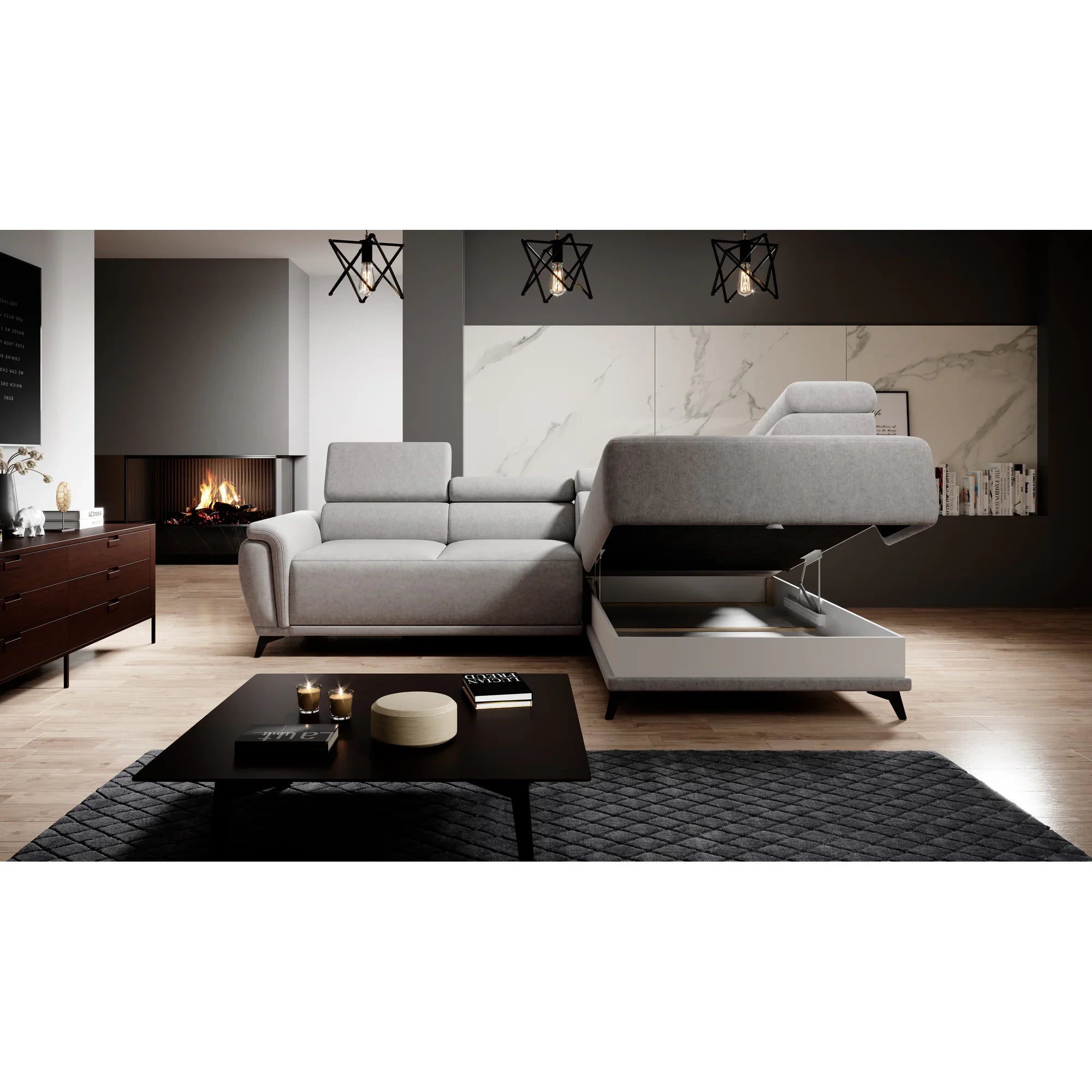 Coltar extensibil ATLANTA, sezlong dreapta, stofa catifelata gri - Riviera 91, Gama Premium, cu lada depozitare si tetiere reglabile, 281x203x98 cm