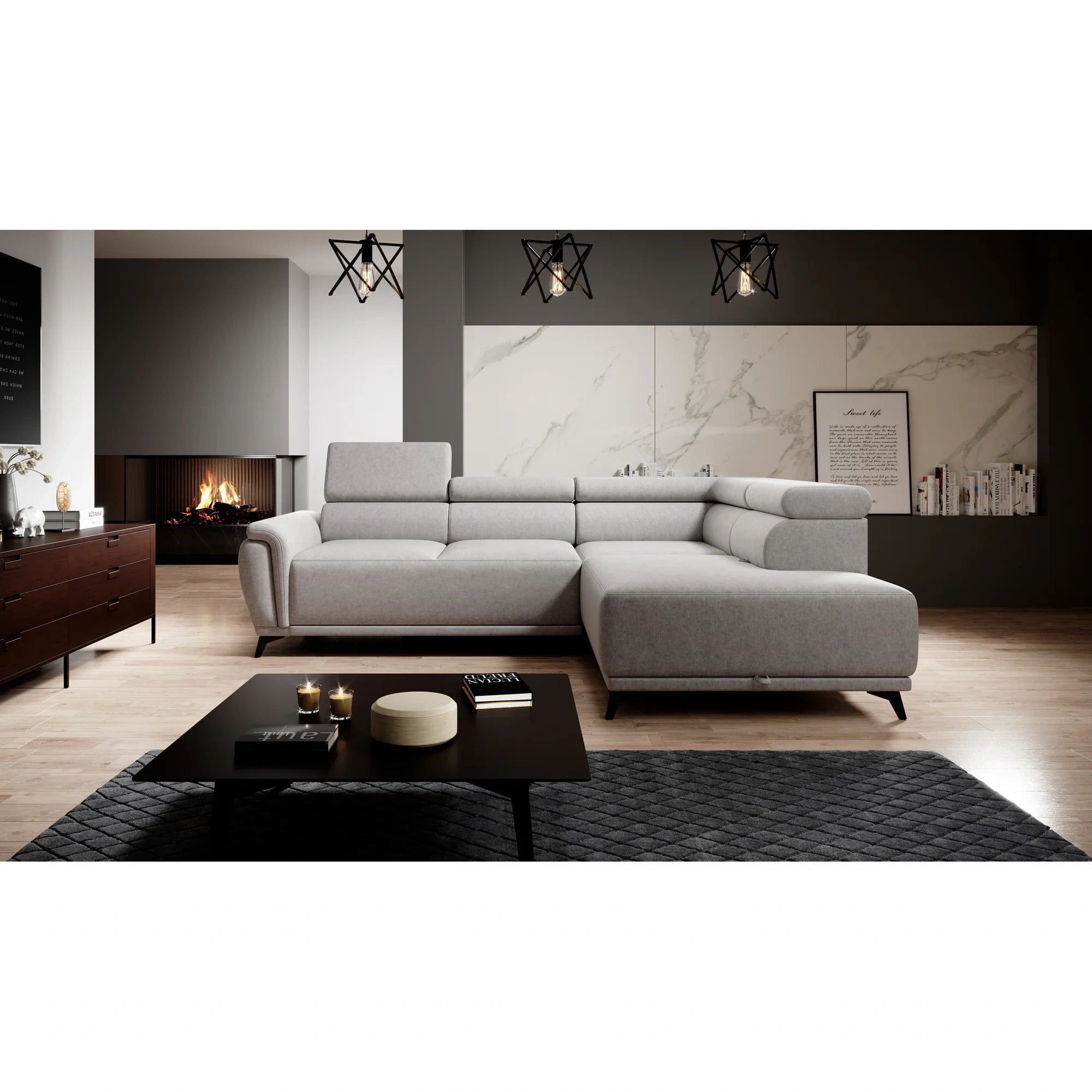 Coltar extensibil ATLANTA, personalizabil materiale gama Oferta Avantaj, cu lada depozitare si tetiere reglabile, 281x203x98 cm