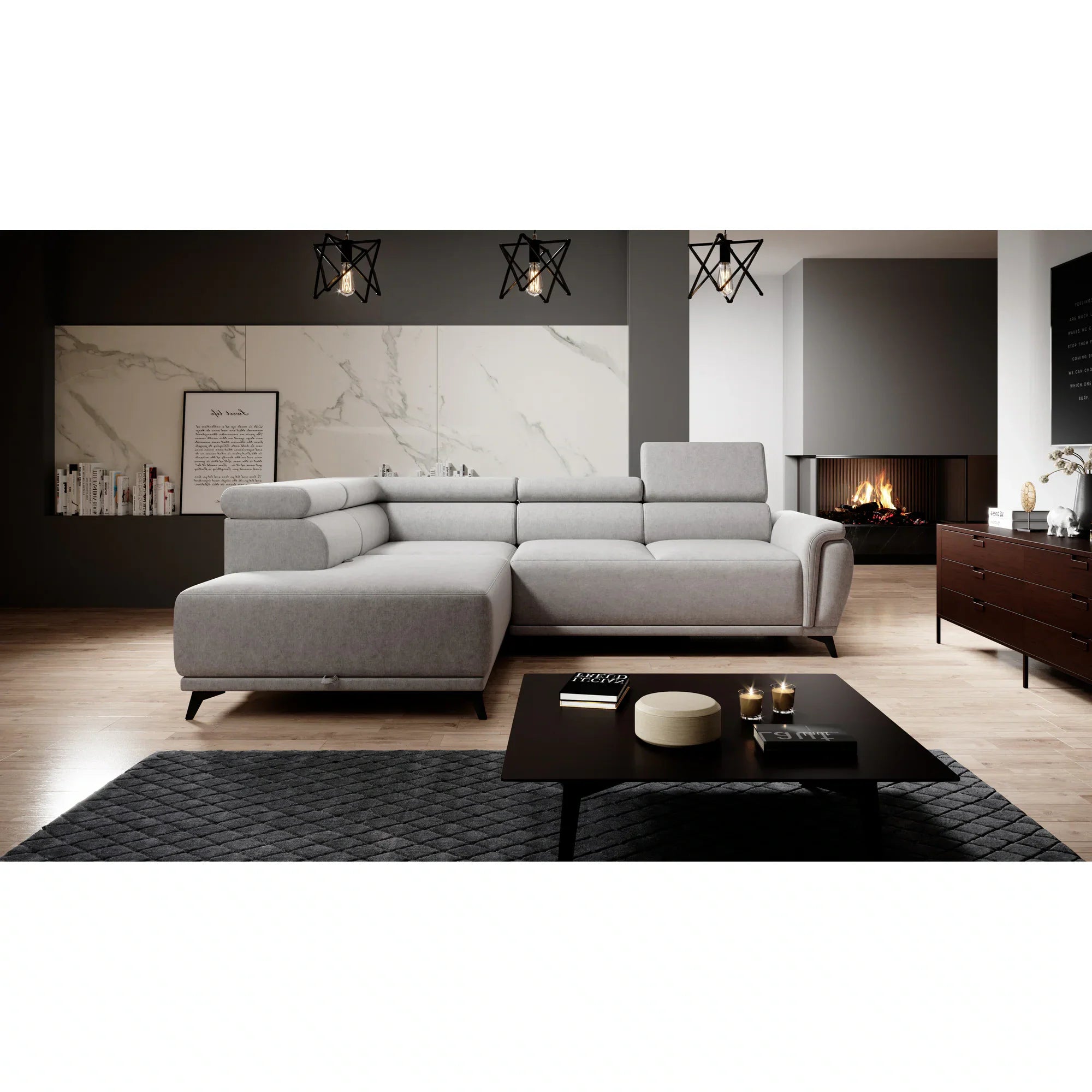 Coltar extensibil ATLANTA, personalizabil materiale gama Oferta Avantaj, cu lada depozitare si tetiere reglabile, 281x203x98 cm