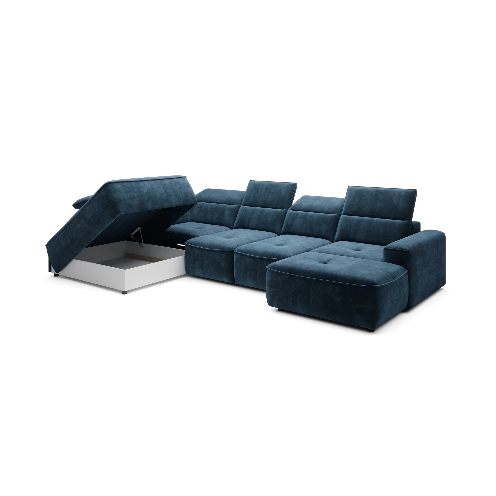Coltare living in forma de U COLOMBO XL, sezlong dreapta, stofa catifelata crem - Salvador 1, Gama Premium, cu reglaj electric si lada depozitare, 376x227x103 cm