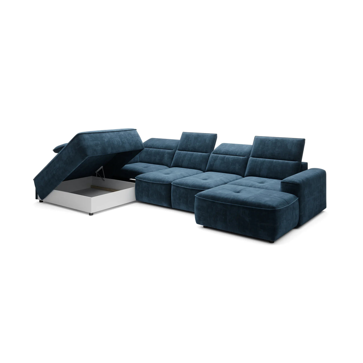 Coltar extensibil COLOMBO XL, sezlong stanga, stofa clasica galben mustar - Austin 11, cu sistem electric de ajustare a adancimii, tetiere, spatar si sezut reglabile, lada depozitare, 376x227x103 cm