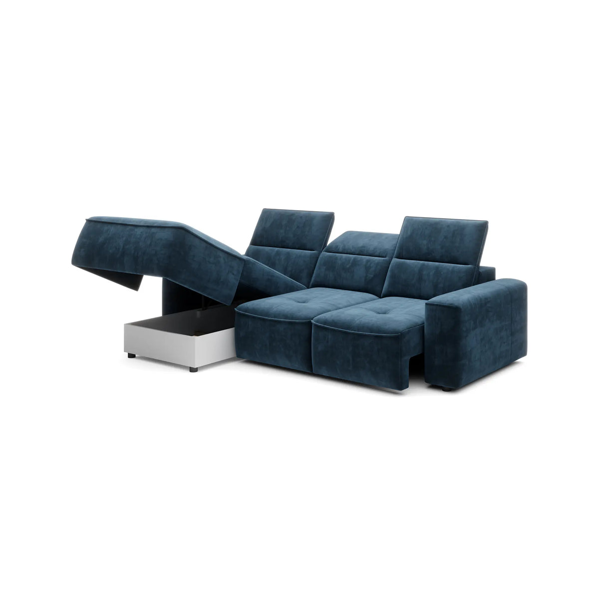 Coltar COLOMBO MINI, sezlong stanga, stofa catifelata maro deschis - Palladium 4, Gama Premium, cu reglaj electric, tetiere reglabile si lada depozitare, 275x182x103 cm