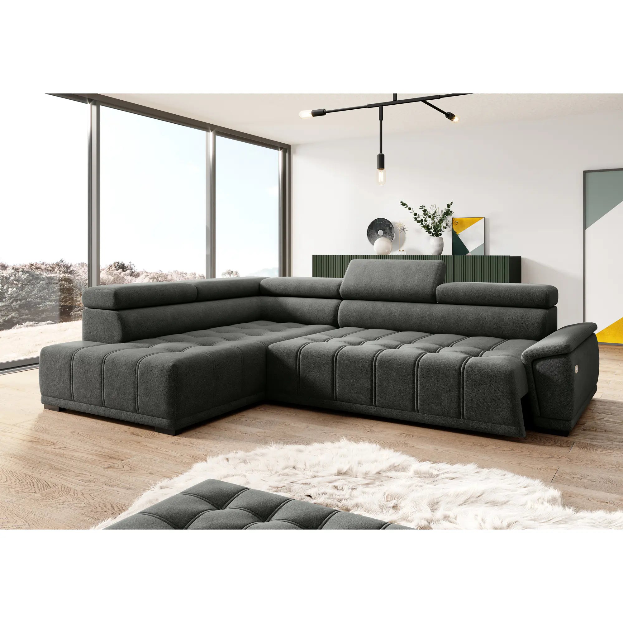 Coltar GREMIO, personalizabil materiale gama Premium, cu reglaj electric si tetiere reglabile, 283x206x100 cm
