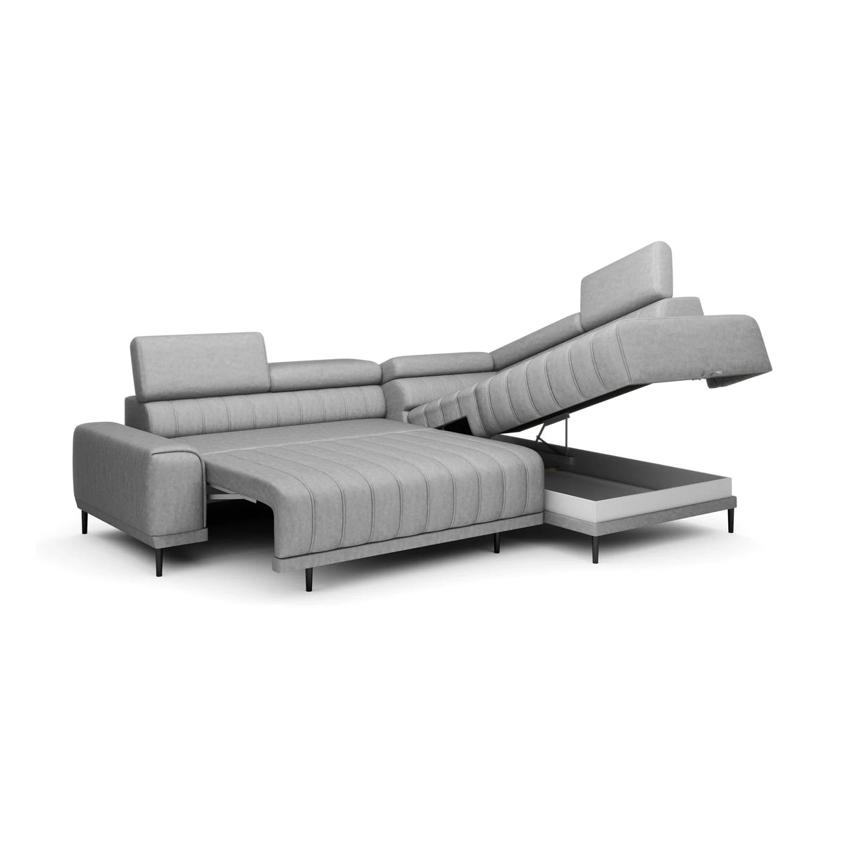 Coltar extensibil CALDO L, sezlong dreapta, stofa catifelata bej - Element 17, Gama Premium, cu lada depozitare si tetiere reglabile,  268x200x99 cm