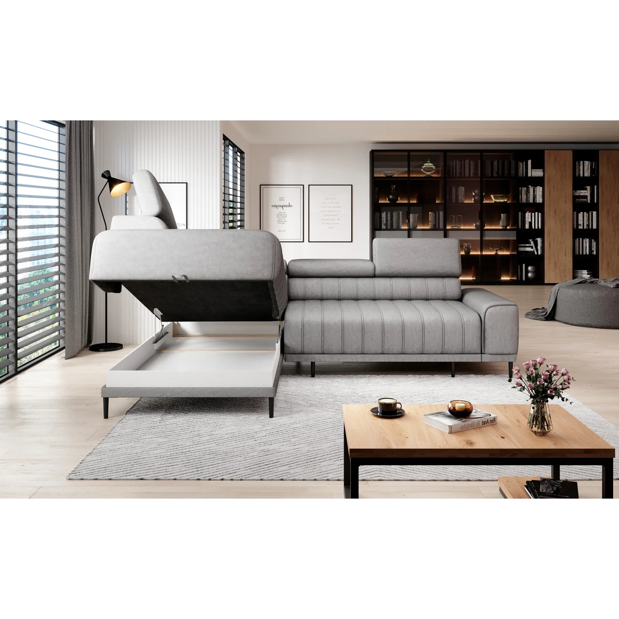 Coltar extensibil CALDO L, sezlong stanga, stofa catifelata crem - Salvador 01, Gama Premium, cu lada depozitare si tetiere reglabile, 268x200x99 cm