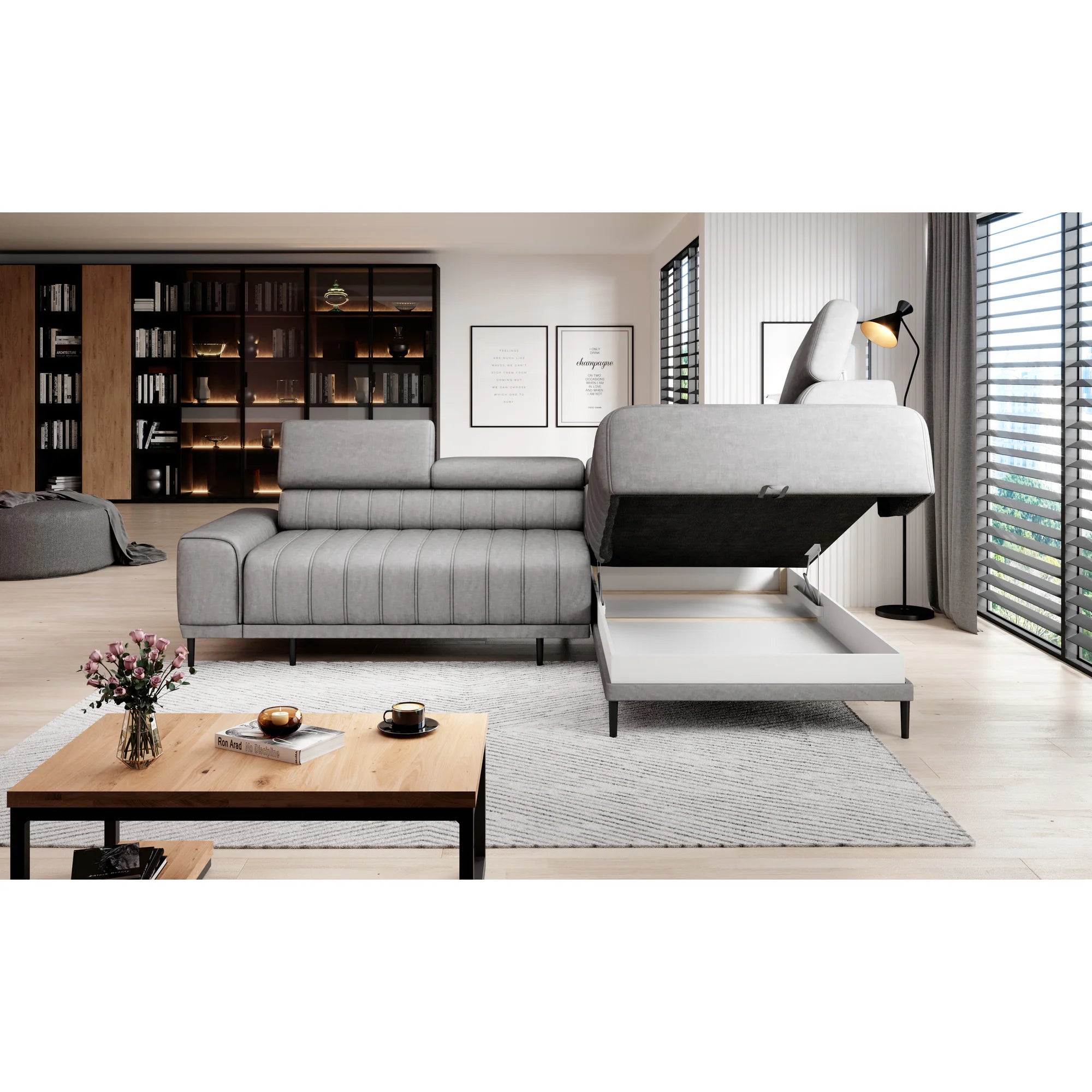 Coltar extensibil CALDO L, sezlong dreapta, stofa catifelata bej - Element 17, Gama Premium, cu lada depozitare si tetiere reglabile,  268x200x99 cm