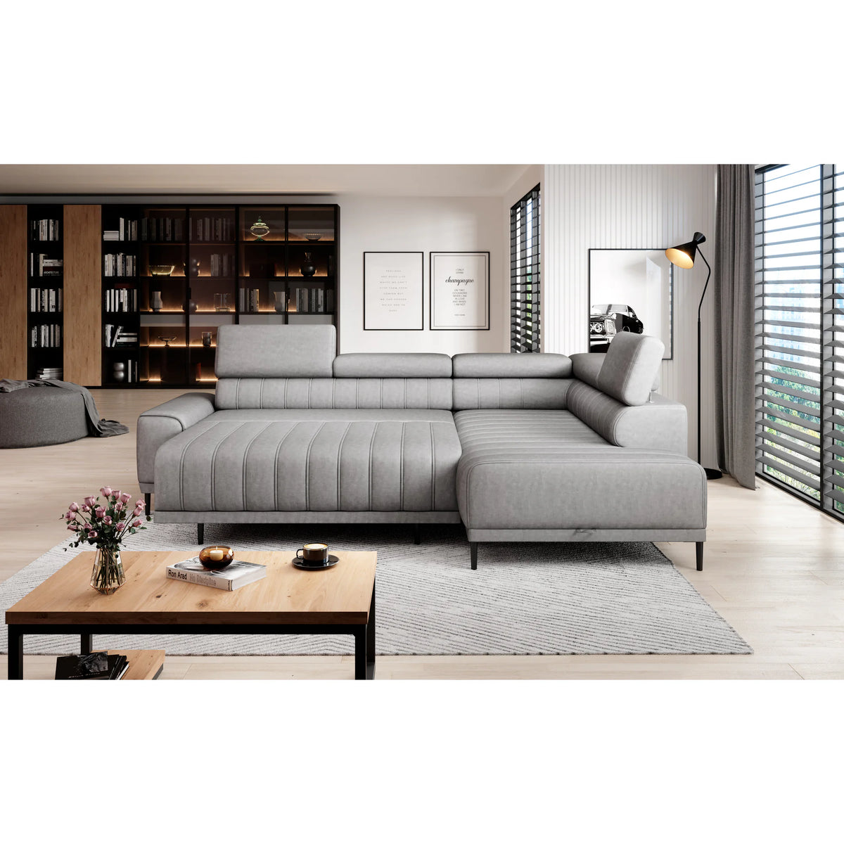 Coltar extensibil CALDO L, sezlong dreapta, stofa catifelata bej - Element 17, Gama Premium, cu lada depozitare si tetiere reglabile,  268x200x99 cm