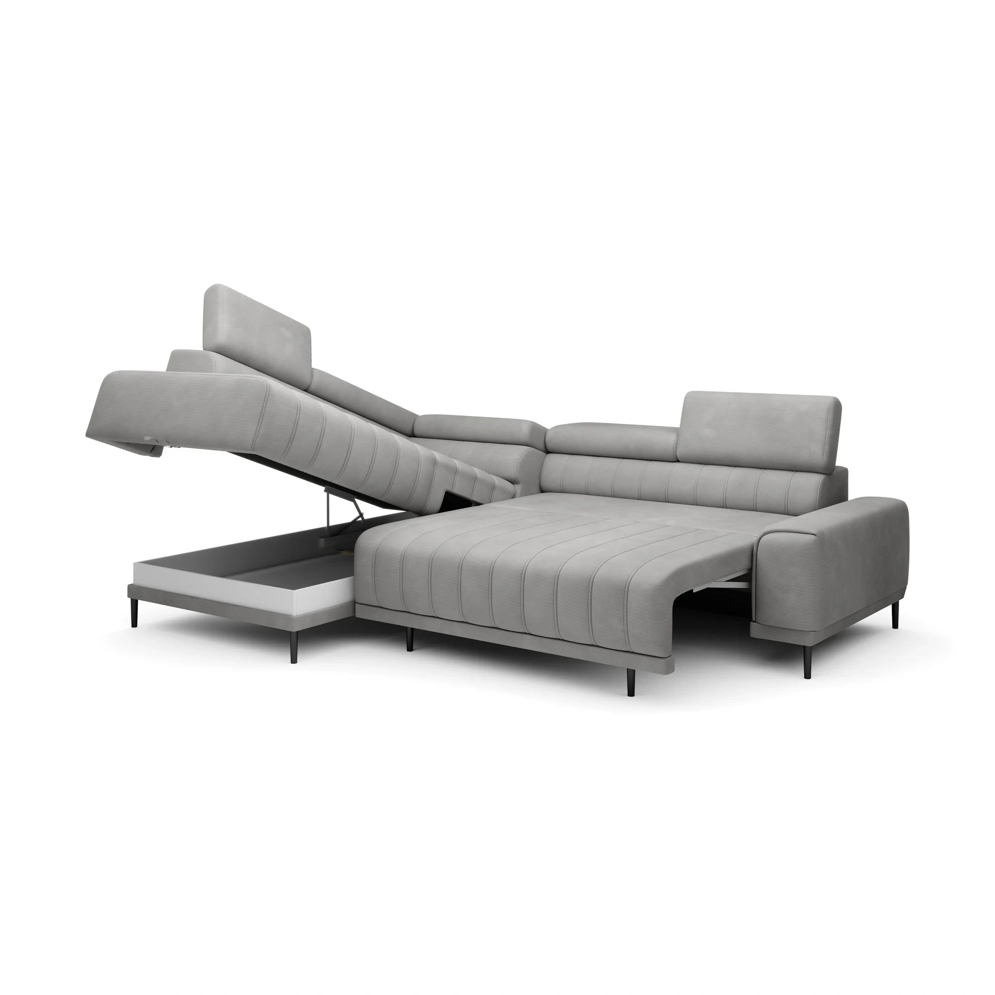Coltar extensibil CALDO L, sezlong stanga, stofa catifelata crem - Salvador 01, Gama Premium, cu lada depozitare si tetiere reglabile, 268x200x99 cm