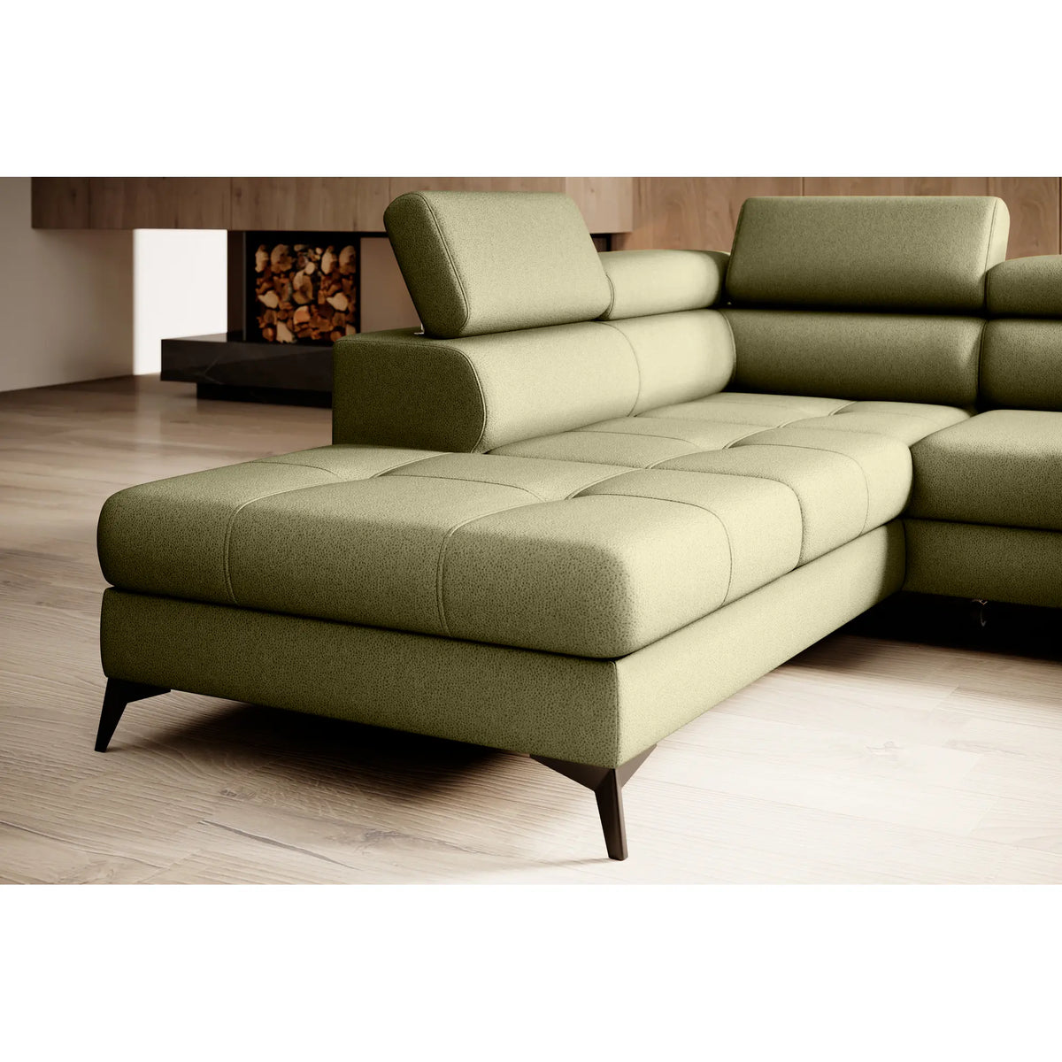 Coltar extensibil MOCCA, personalizabil materiale gama Premium, cu lada depozitare si tetiere reglabile, 265x222x95 cm