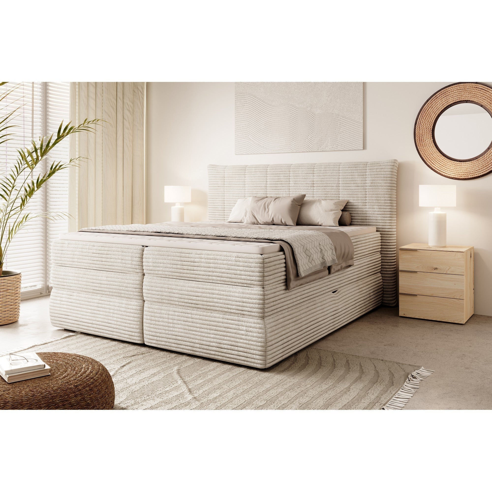 Pat boxspring AMBER 180x200, personalizabil materiale Gama Premium, cu spatiu depozitare, saltele si topper