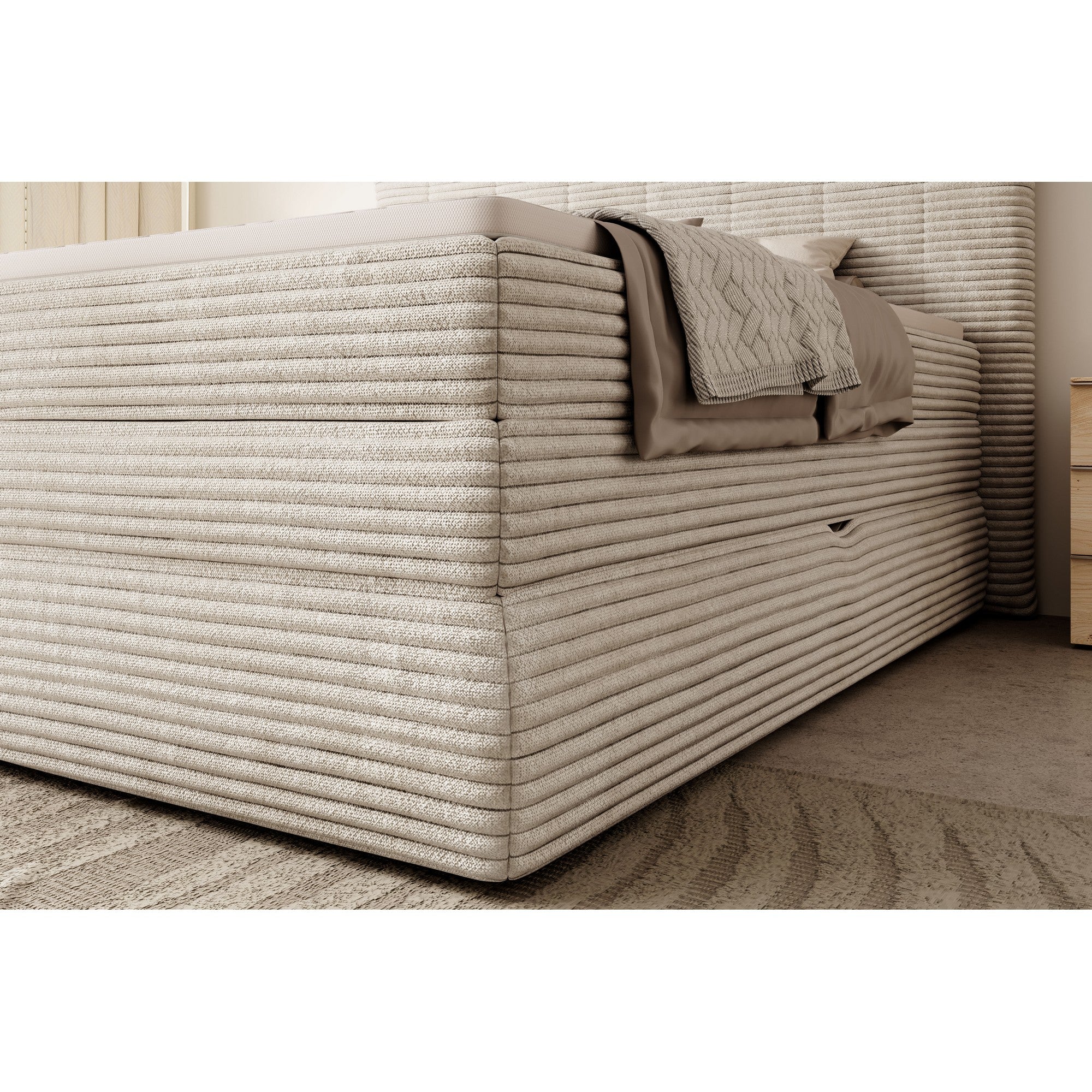 Pat boxspring AMBER 180x200, personalizabil materiale Gama Premium, cu spatiu depozitare, saltele si topper