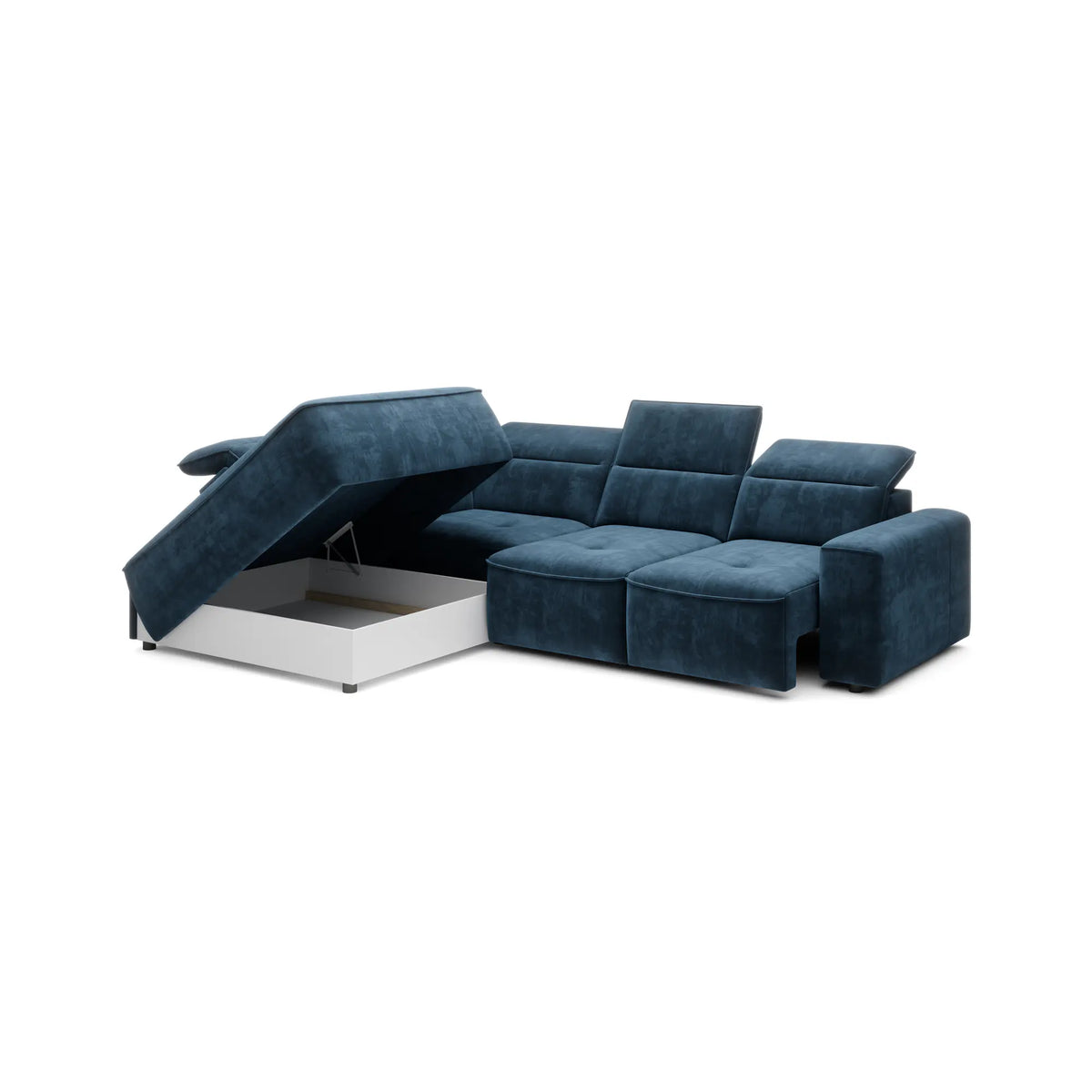 Coltar COLOMBO L, sezlong stanga, stofa catifelata albastru - Palladium 13, Gama Premium, cu lada depozitare, reglaj electric, tetiere, spatar si sezut reglabile, 296x227x103 cm