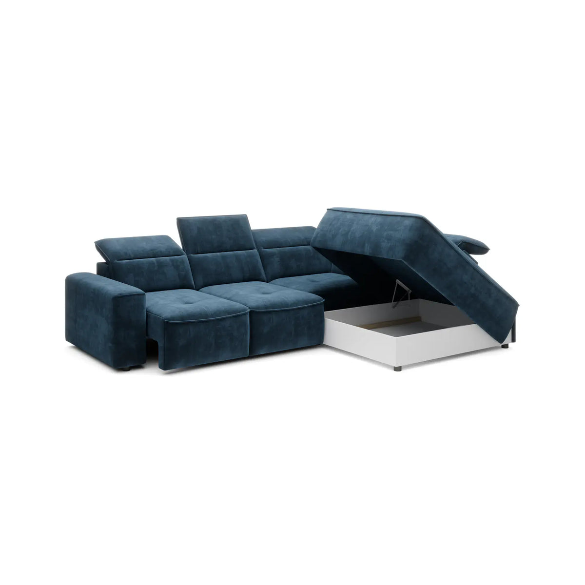 Coltar COLOMBO L, sezlong dreapta, stofa catifelata rosu bordo - Crown 06, Gama Premium, cu reglaj electric, tetiere reglabile si lada depozitare, 296x227x103 cm