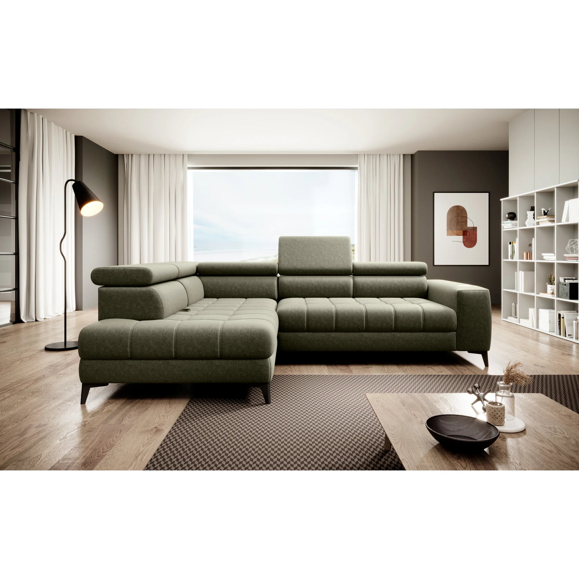 Coltar extensibil ASTOLA, personalizabil materiale Gama Premium, cu lada depozitare si tetiere reglabile, 280x193x99 cm