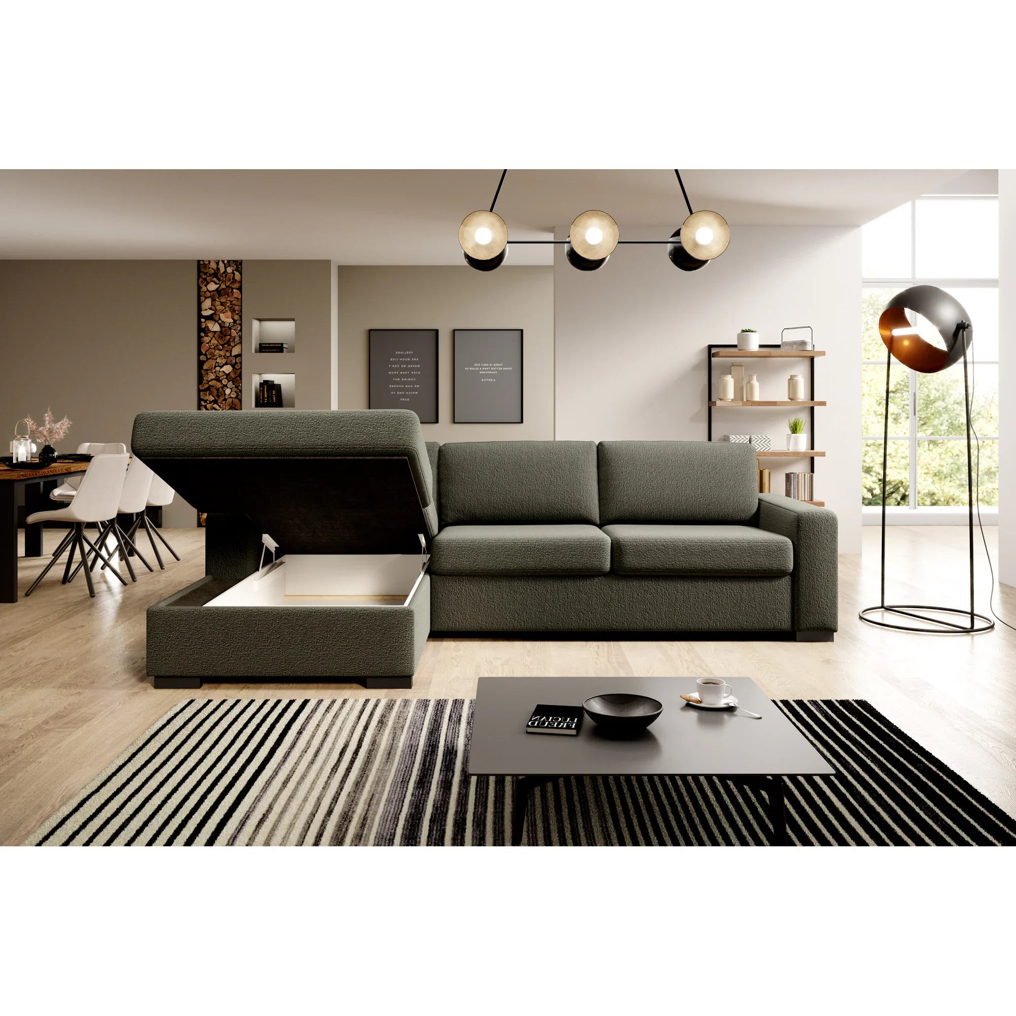 Coltar extensibil 160x200 VANILLA CORNER, sezlong stanga, stofa catifelata gri - Salvador 14, gama Premium, cu lada depozitare, 303x173x87 cm