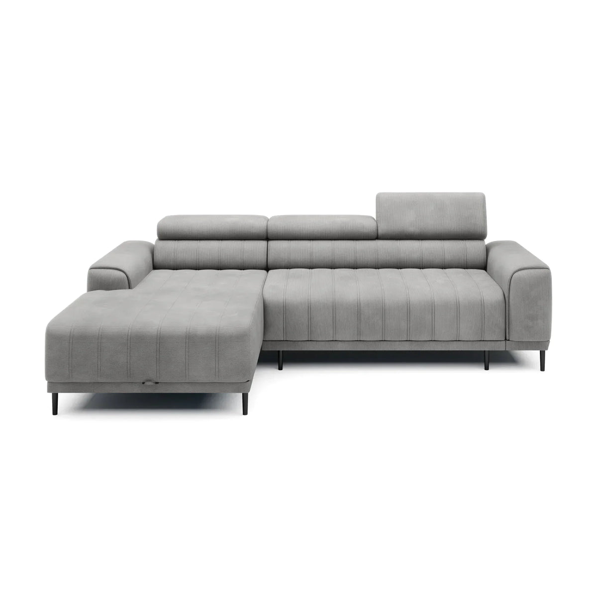 Coltar extensibil CALDO MINI, sezlong stanga, stofa catifelata bej - Whisper 03, Gama Premium, cu lada depozitare si tetiere reglabile, 272x178x99 cm