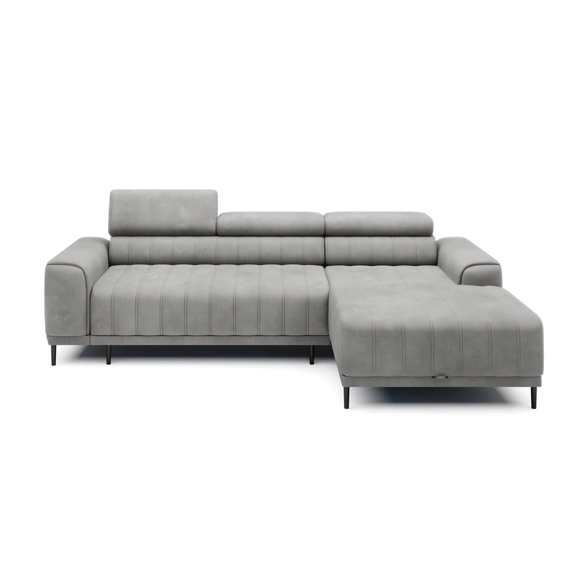 Coltar extensibil CALDO MINI, sezlong dreapta, stofa catifelata gri deschis - Cloud 81, Gama Premium, cu lada depozitare si tetiere reglabile, 272x178x99 cm