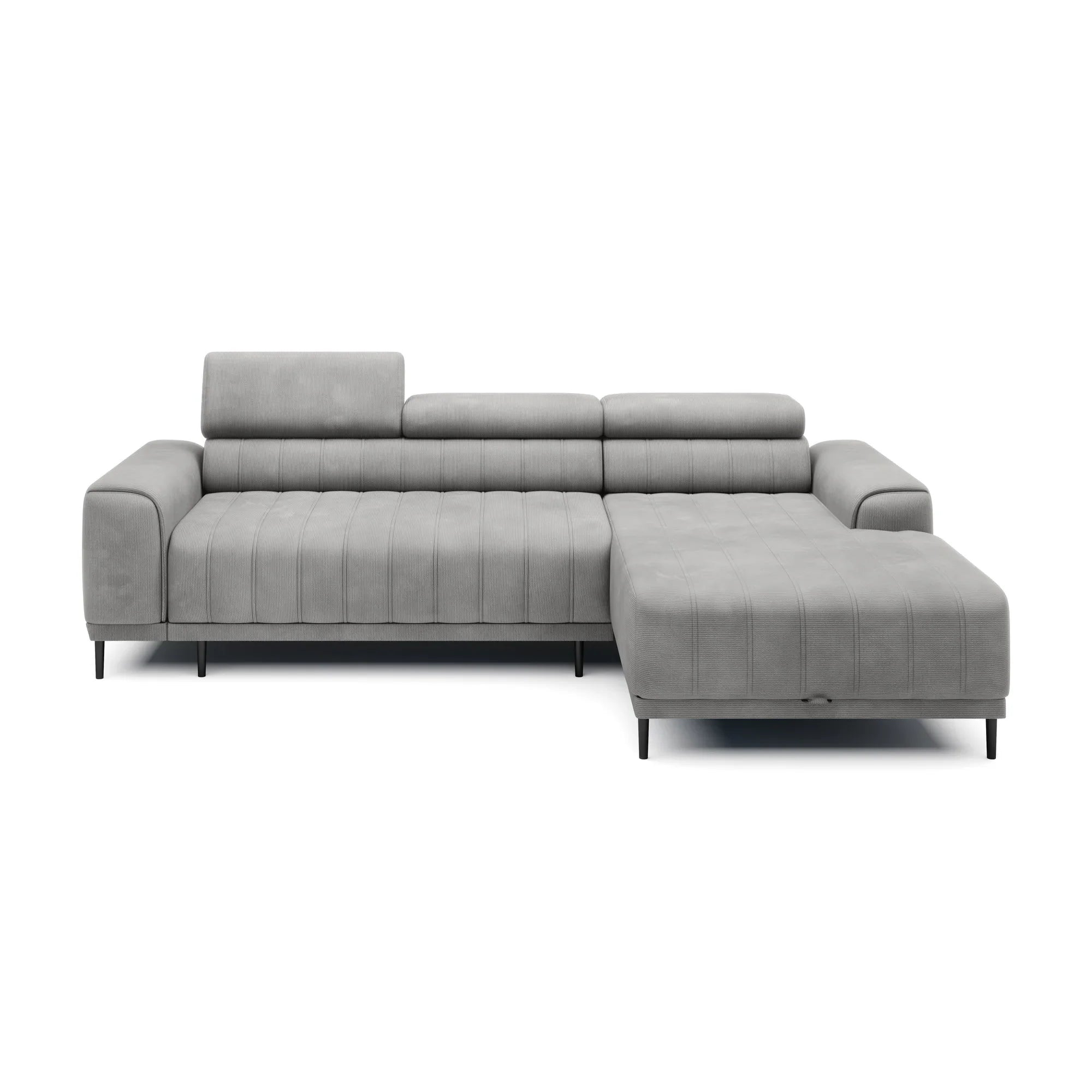 Coltar extensibil CALDO MINI, sezlong dreapta, stofa catifelata gri deschis - Cloud 81, Gama Premium, cu lada depozitare si tetiere reglabile, 272x178x99 cm