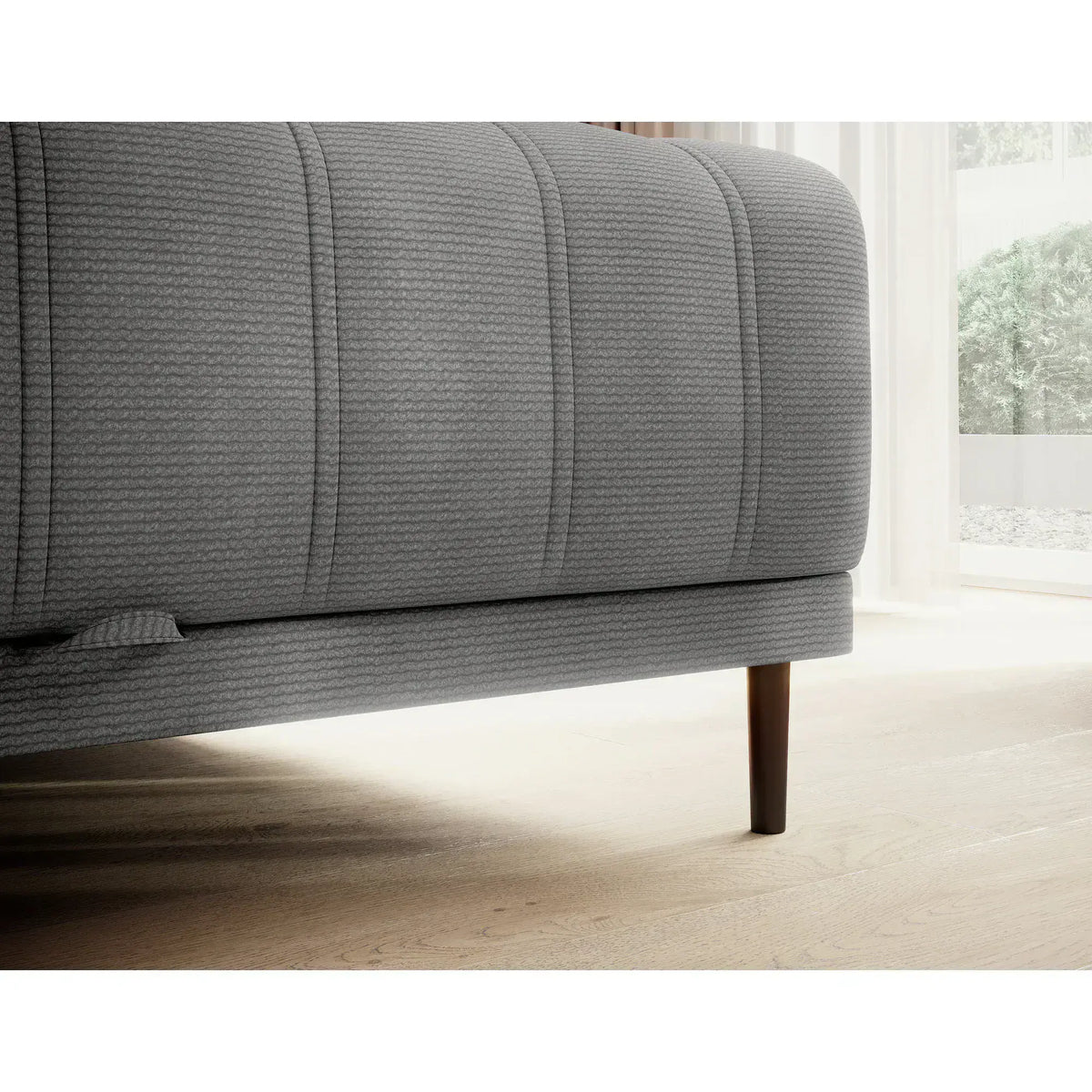 Coltar extensibil CALDO MINI, sezlong dreapta, stofa catifelata gri deschis - Cloud 81, Gama Premium, cu lada depozitare si tetiere reglabile, 272x178x99 cm