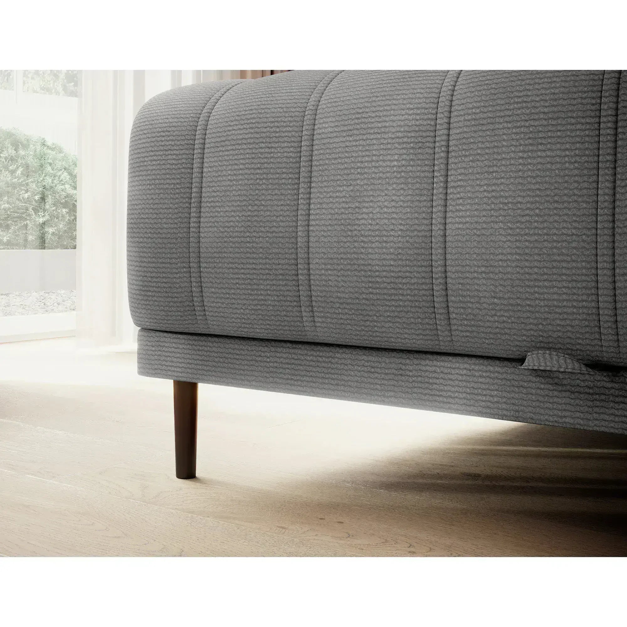 Coltar extensibil CALDO MINI, sezlong stanga, stofa catifelata bej - Whisper 03, Gama Premium, cu lada depozitare si tetiere reglabile, 272x178x99 cm