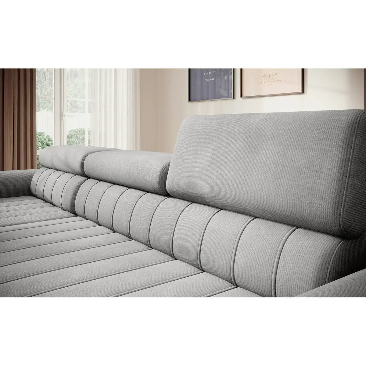 Coltar extensibil CALDO MINI, sezlong stanga, stofa catifelata bej - Whisper 03, Gama Premium, cu lada depozitare si tetiere reglabile, 272x178x99 cm