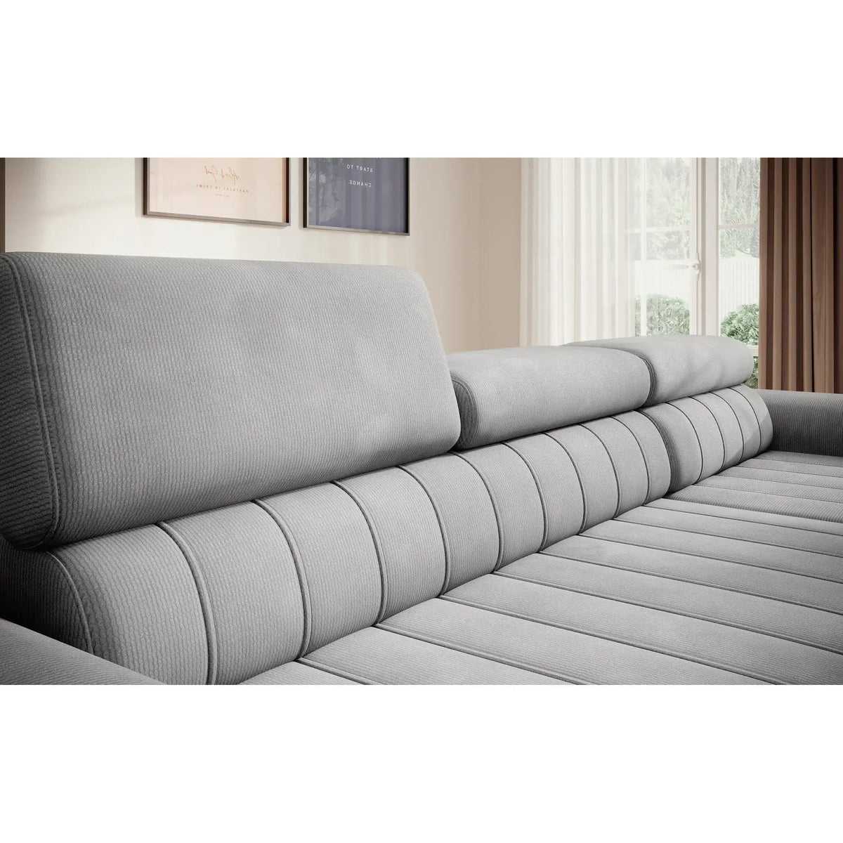 Coltar extensibil CALDO MINI, sezlong dreapta, stofa catifelata bej - Whisper 03, Gama Premium, cu lada depozitare si tetiere reglabile, 272x178x99 cm