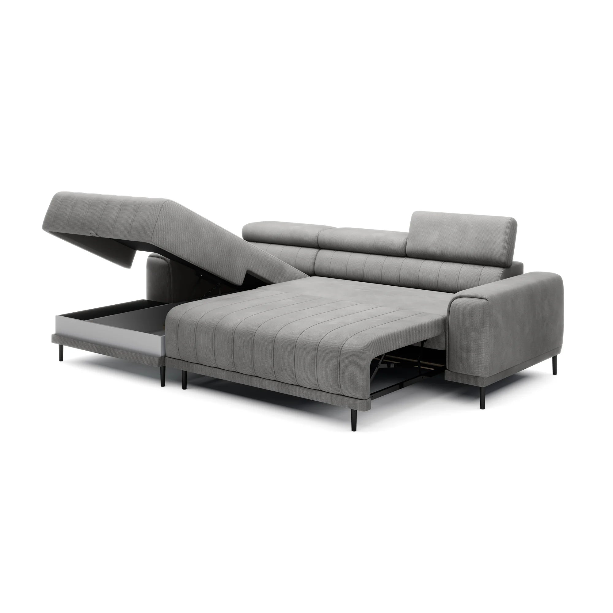 Coltar extensibil CALDO MINI, personalizabil materiale Gama Premium, cu lada depozitare si tetiere reglabile, 272x178x99 cm
