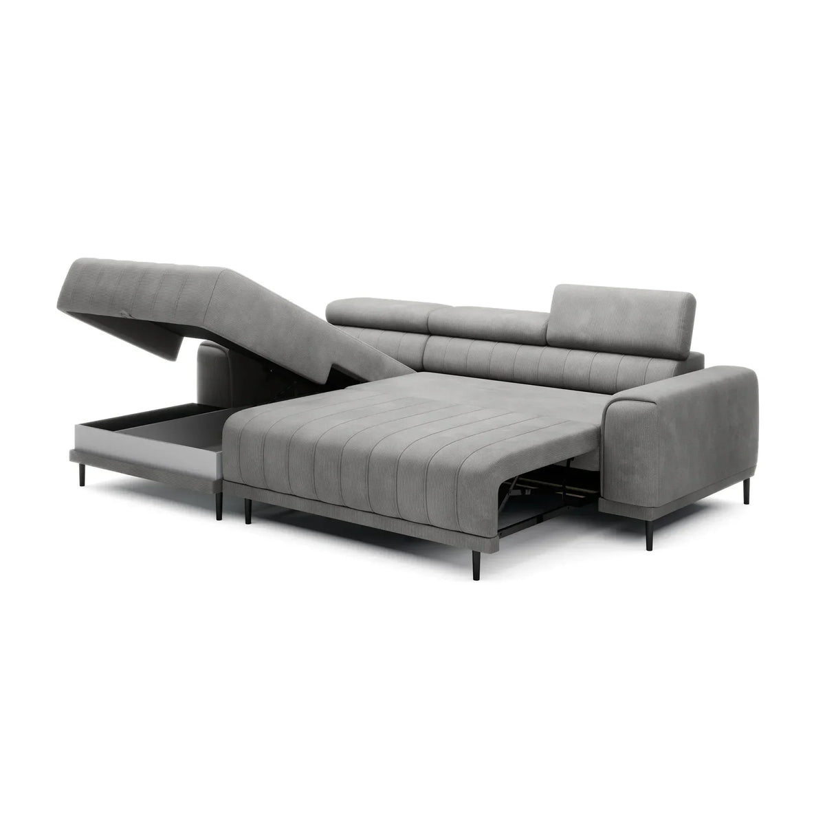 Coltar extensibil CALDO MINI, sezlong stanga, stofa catifelata bej - Whisper 03, Gama Premium, cu lada depozitare si tetiere reglabile, 272x178x99 cm