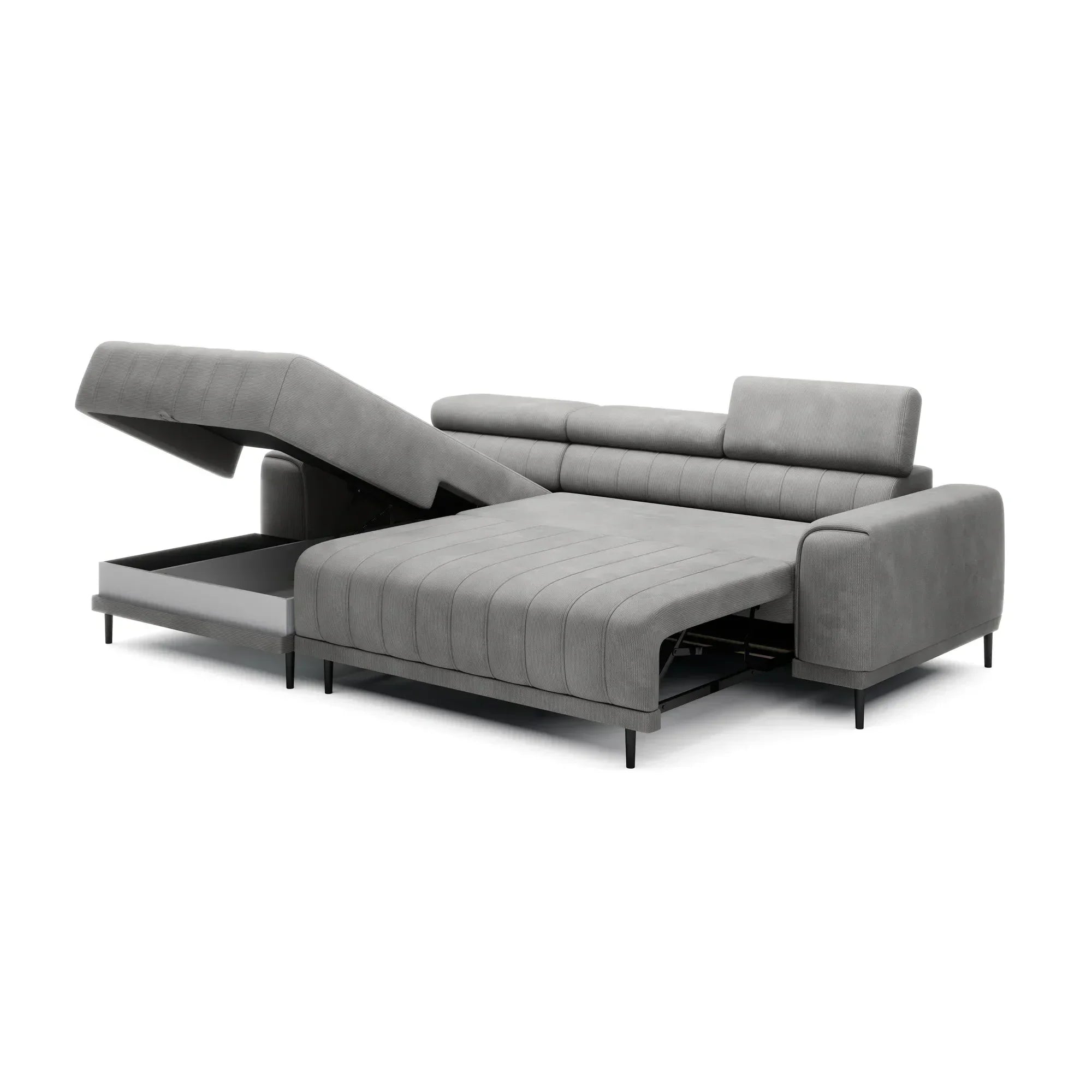 Coltar extensibil CALDO MINI, sezlong stanga, stofa catifelata bej - Whisper 03, Gama Premium, cu lada depozitare si tetiere reglabile, 272x178x99 cm
