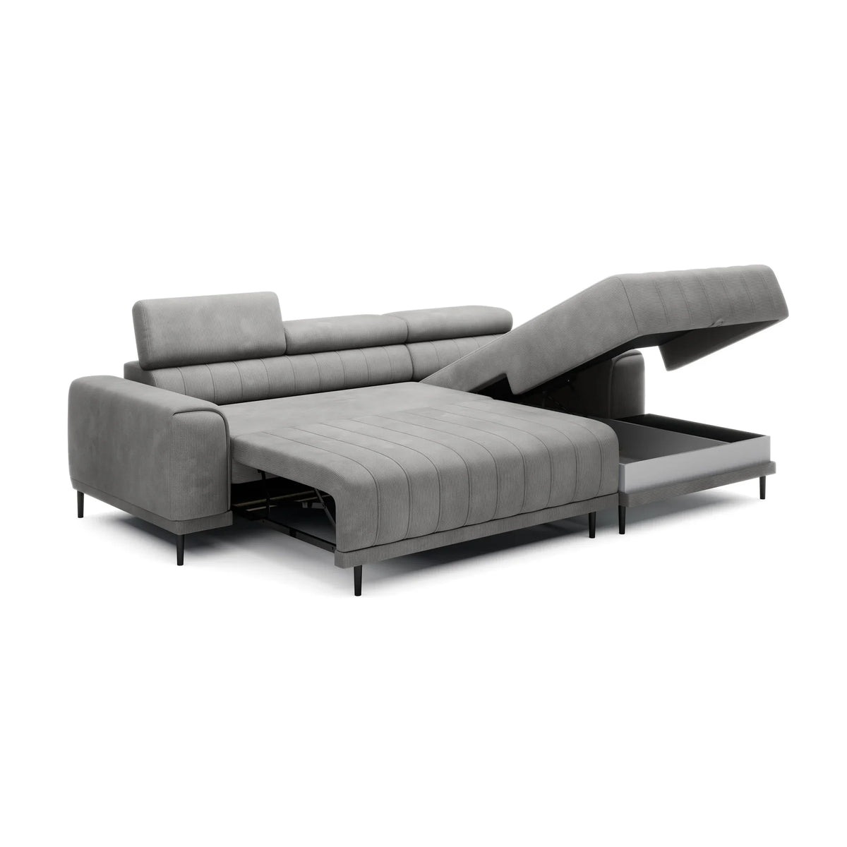 Coltar extensibil CALDO MINI, sezlong dreapta, stofa catifelata gri deschis - Cloud 81, Gama Premium, cu lada depozitare si tetiere reglabile, 272x178x99 cm