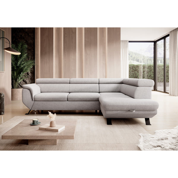 Coltar extensibil LEGETO, personalizabil materiale Gama Premium, cu lada depozitare si tetiere reglabile, 248x179x86 cm