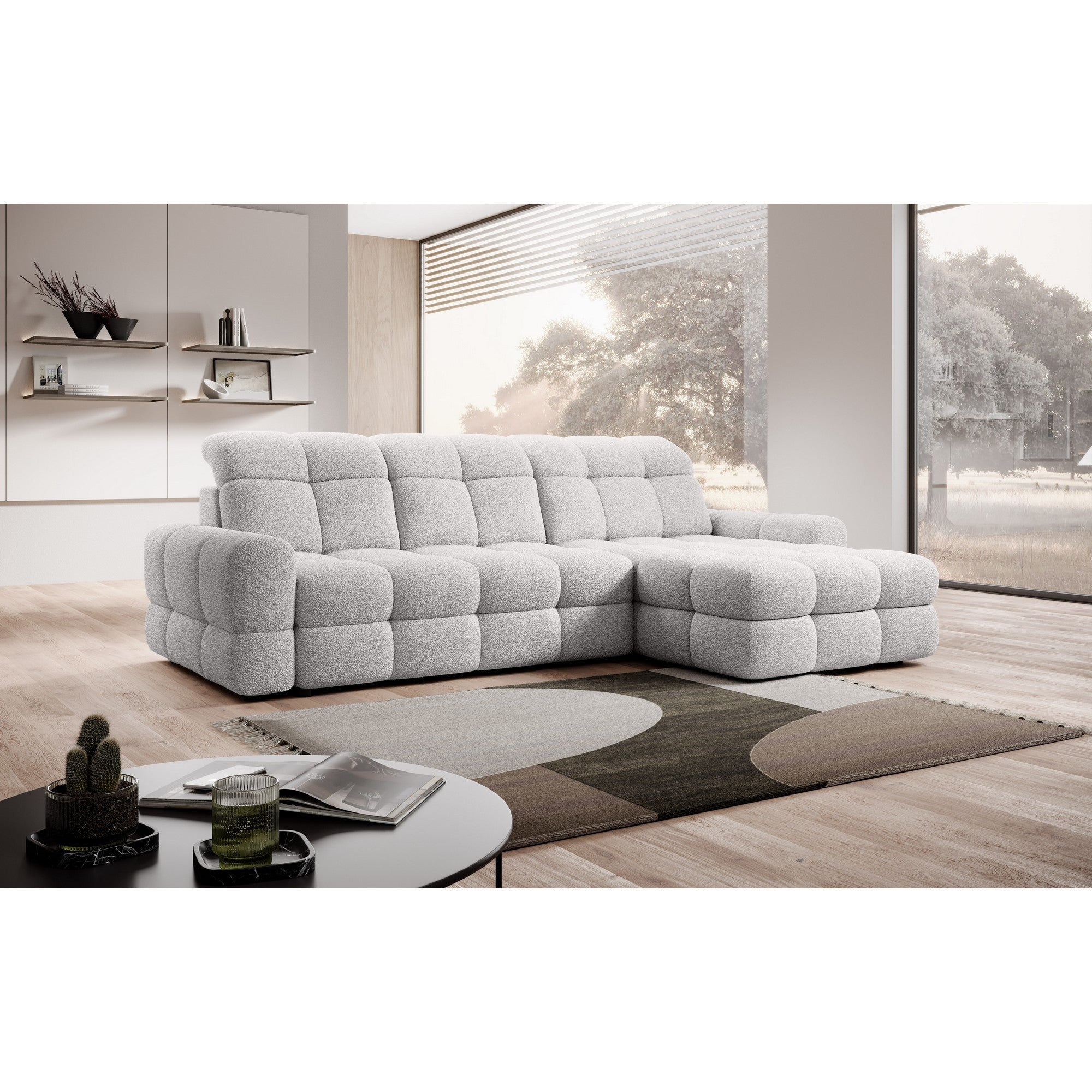 Coltar extensibil TOMASSO MINI, personalizabil materiale Gama Premium, cu lada depozitare si tetiere reglabile, 283x171x105 cm
