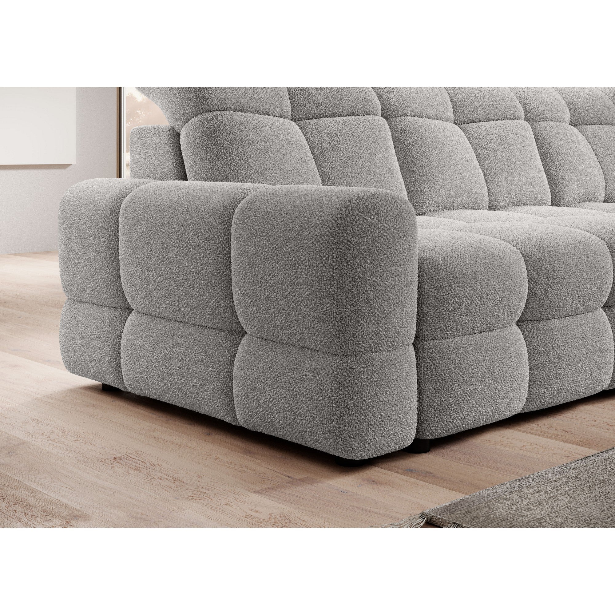 Coltar extensibil TOMASSO MINI, personalizabil materiale Gama Premium, cu lada depozitare si tetiere reglabile, 283x171x105 cm
