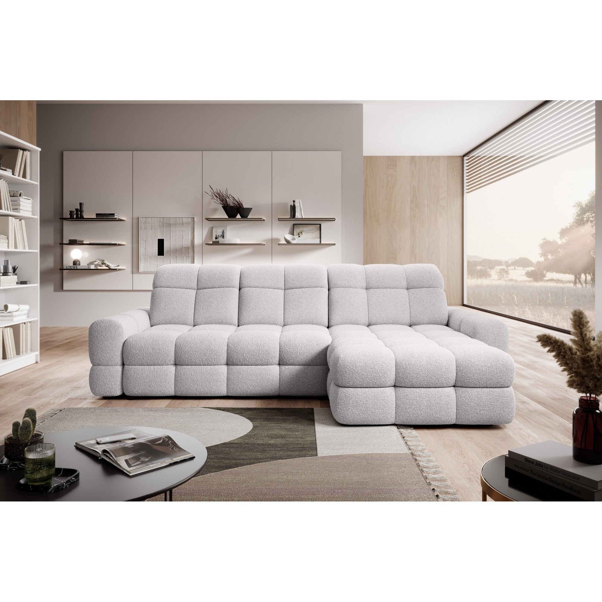 Coltar extensibil TOMASSO MINI, personalizabil materiale Gama Premium, cu lada depozitare si tetiere reglabile, 283x171x105 cm