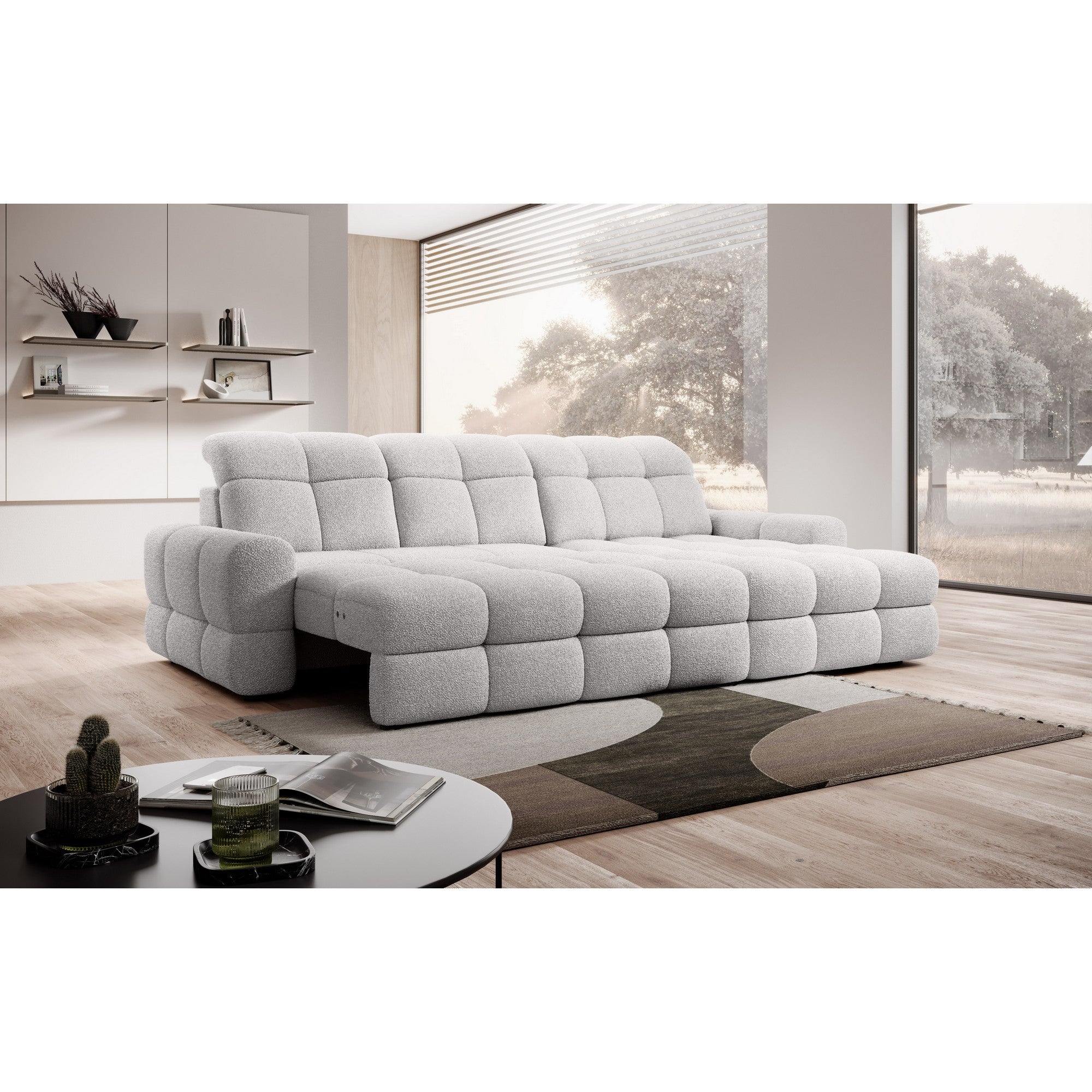 Coltar extensibil TOMASSO MINI, personalizabil materiale Gama Premium, cu lada depozitare si tetiere reglabile, 283x171x105 cm