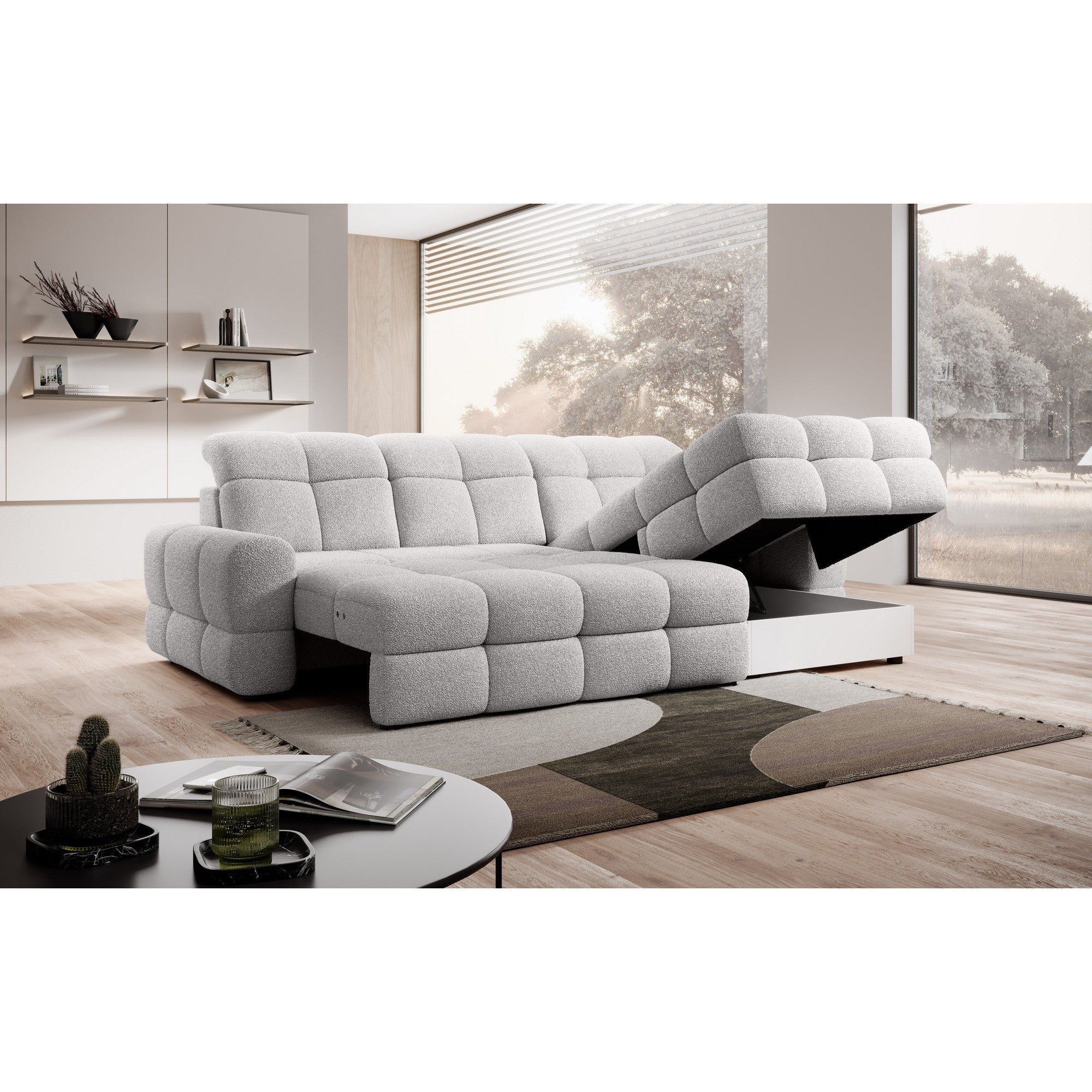 Coltar extensibil TOMASSO MINI, personalizabil materiale Gama Premium, cu lada depozitare si tetiere reglabile, 283x171x105 cm