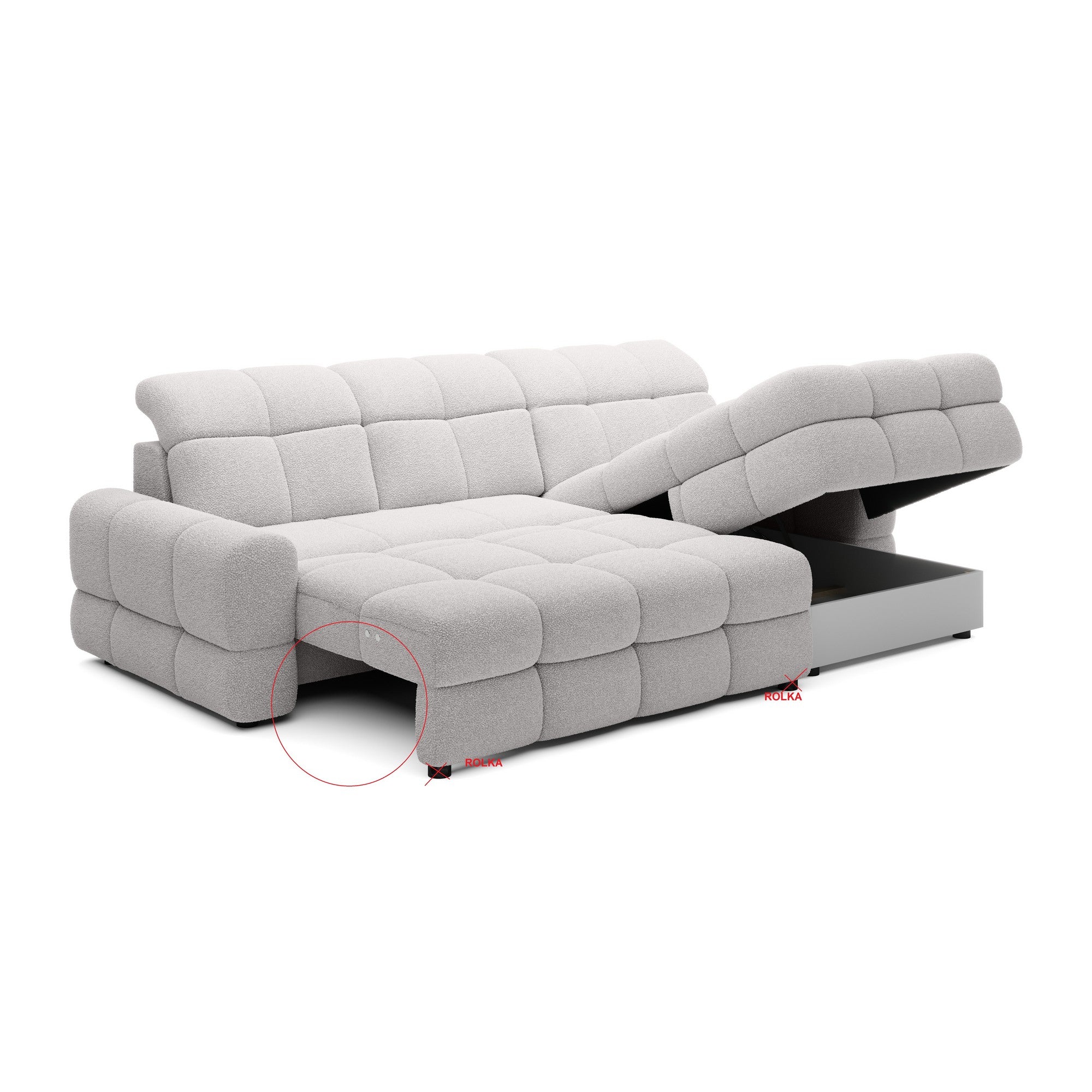 Coltar extensibil TOMASSO MINI, personalizabil materiale Gama Premium, cu lada depozitare si tetiere reglabile, 283x171x105 cm