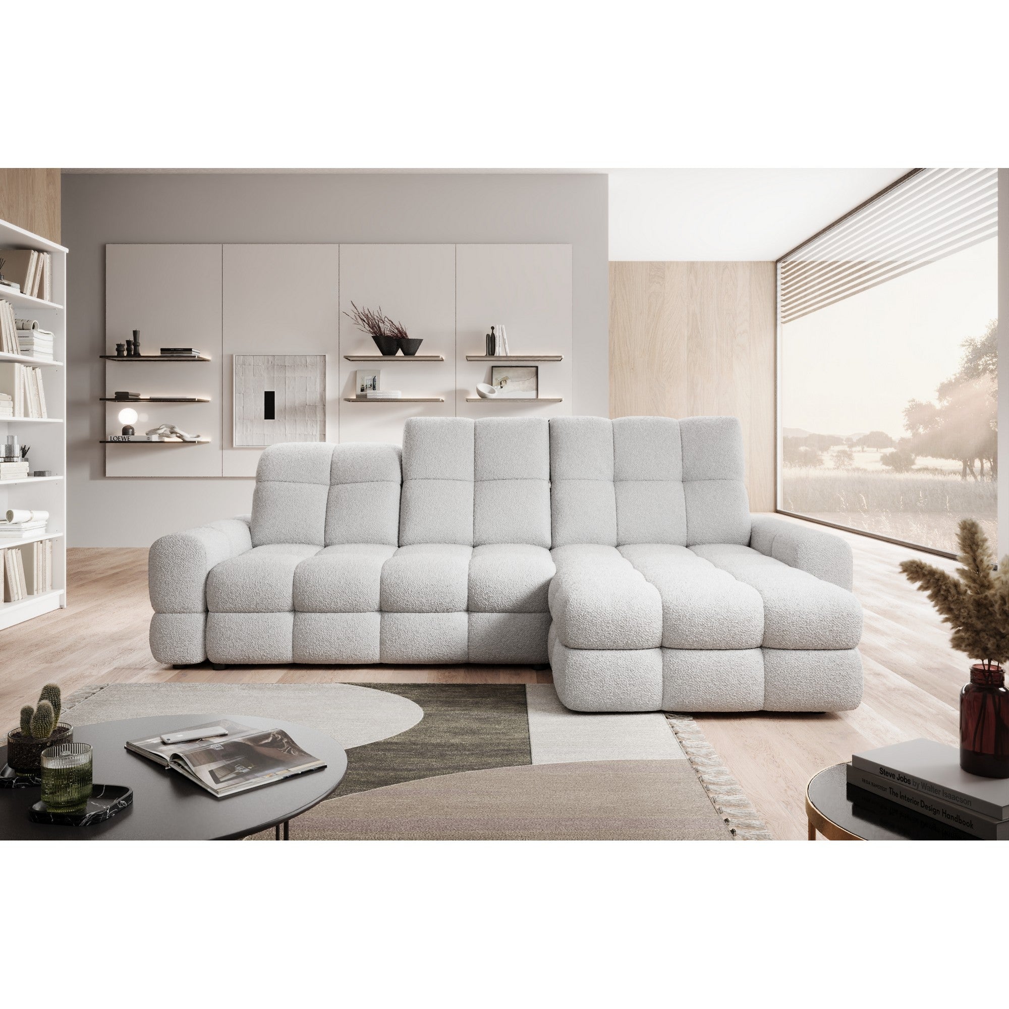 Coltar extensibil TOMASSO MINI, personalizabil materiale Gama Premium, cu lada depozitare si tetiere reglabile, 283x171x105 cm