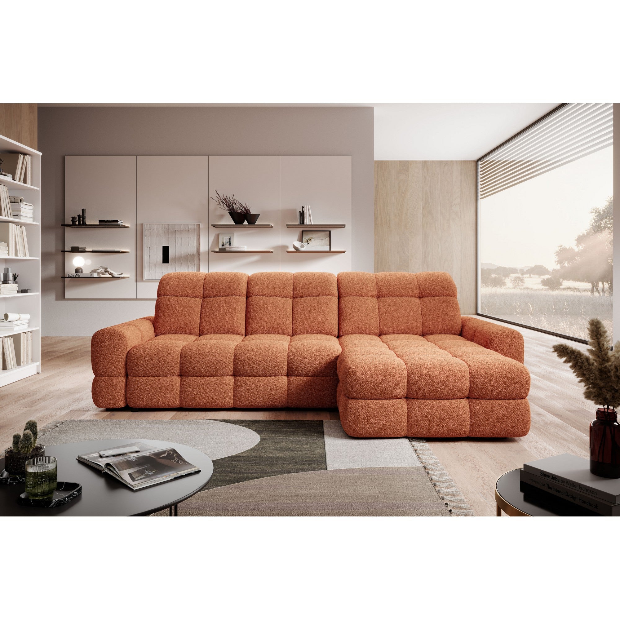 Coltar extensibil TOMASSO MINI, personalizabil materiale Gama Premium, cu lada depozitare si tetiere reglabile, 283x171x105 cm
