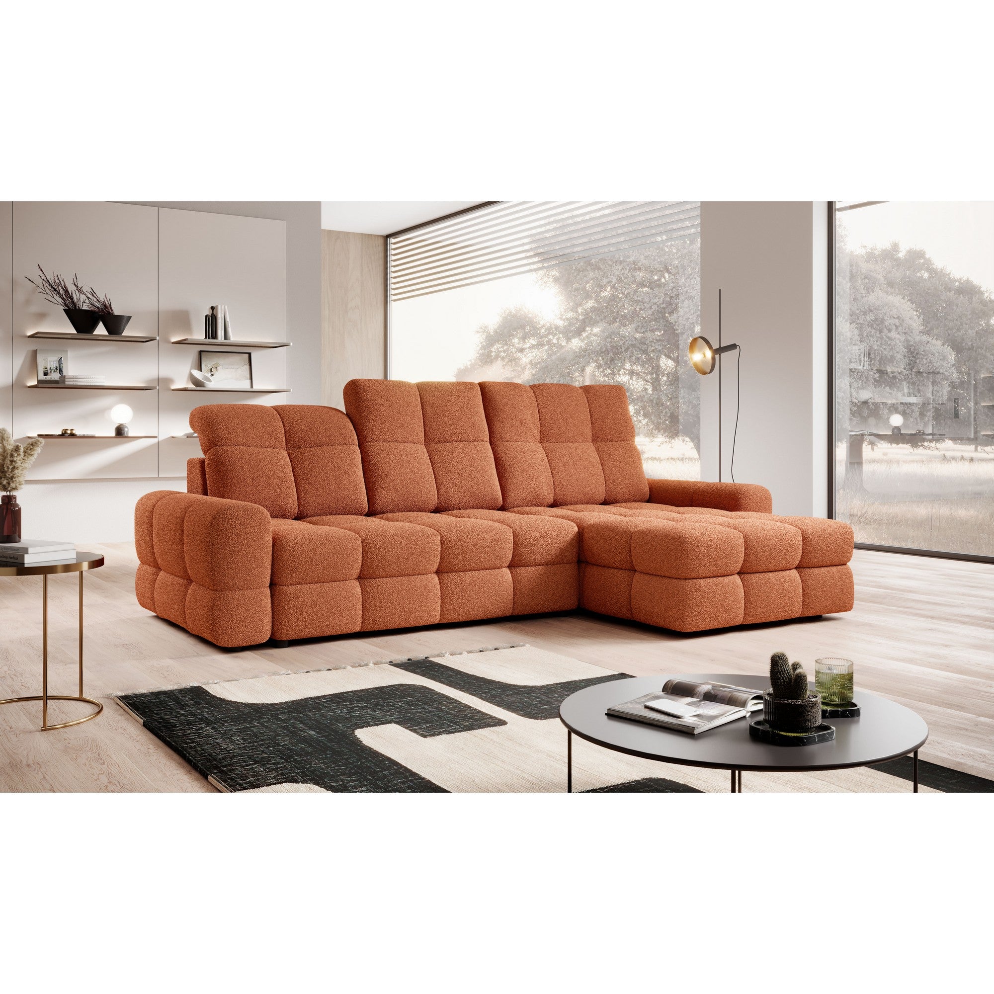 Coltar extensibil TOMASSO MINI, personalizabil materiale Gama Premium, cu lada depozitare si tetiere reglabile, 283x171x105 cm