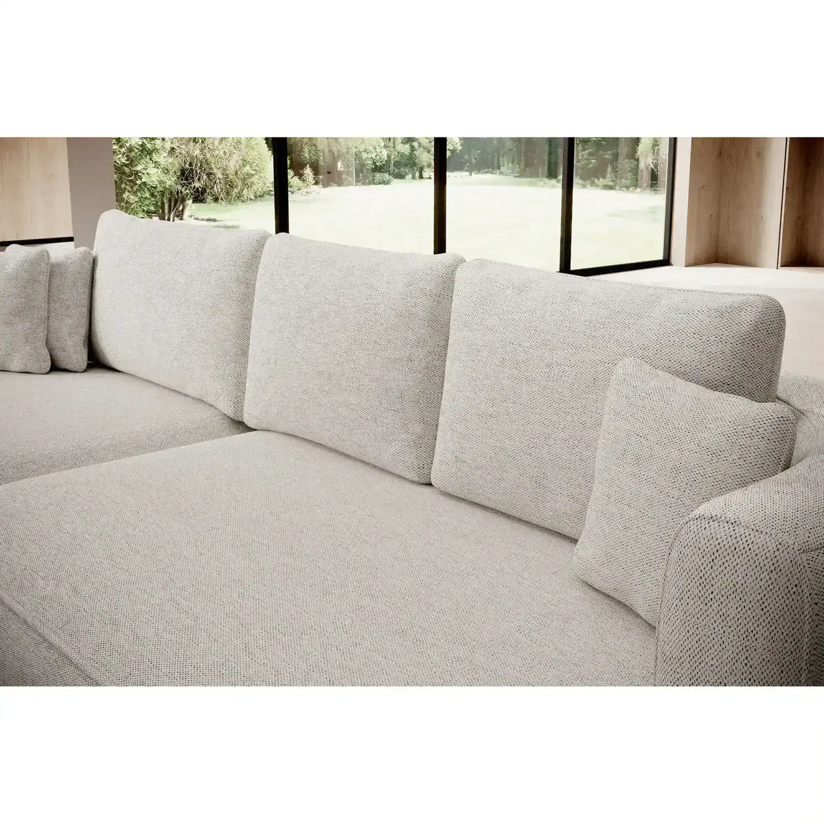 Coltar extensibil 4 locuri FIORE, sezlong stanga, stofa catifelata bej - Palladium 02, Gama Premium, cu lada depozitare, 284x183x82 cm