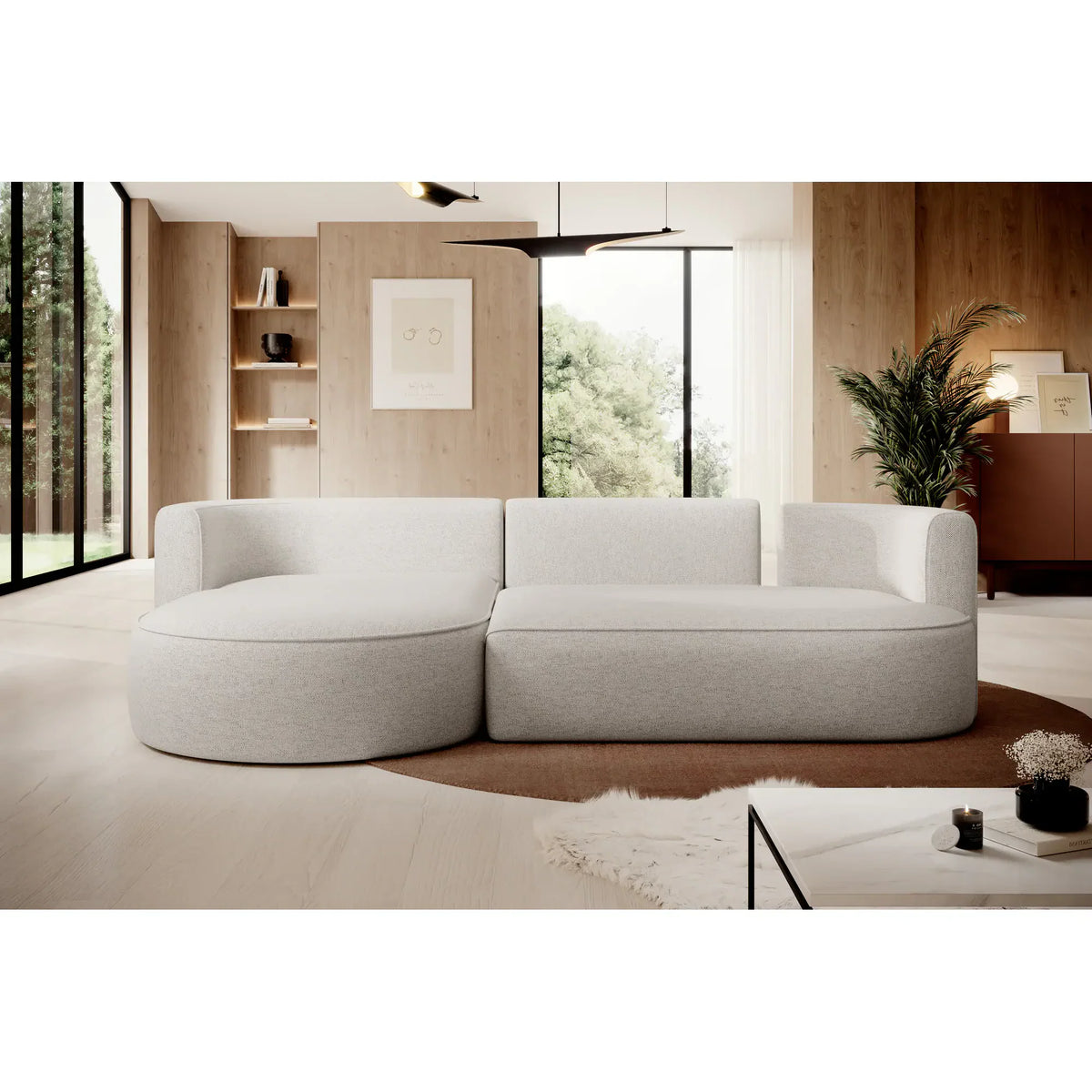 Coltar extensibil 4 locuri FIORE, sezlong stanga, stofa catifelata bej - Palladium 02, Gama Premium, cu lada depozitare, 284x183x82 cm