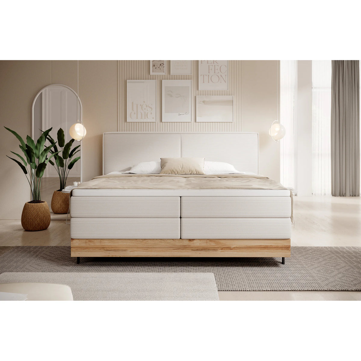 Pat boxspring NEBIA 140x200, personalizabil materiale Gama Premium, cu saltele, topper si lada pentru depozitare