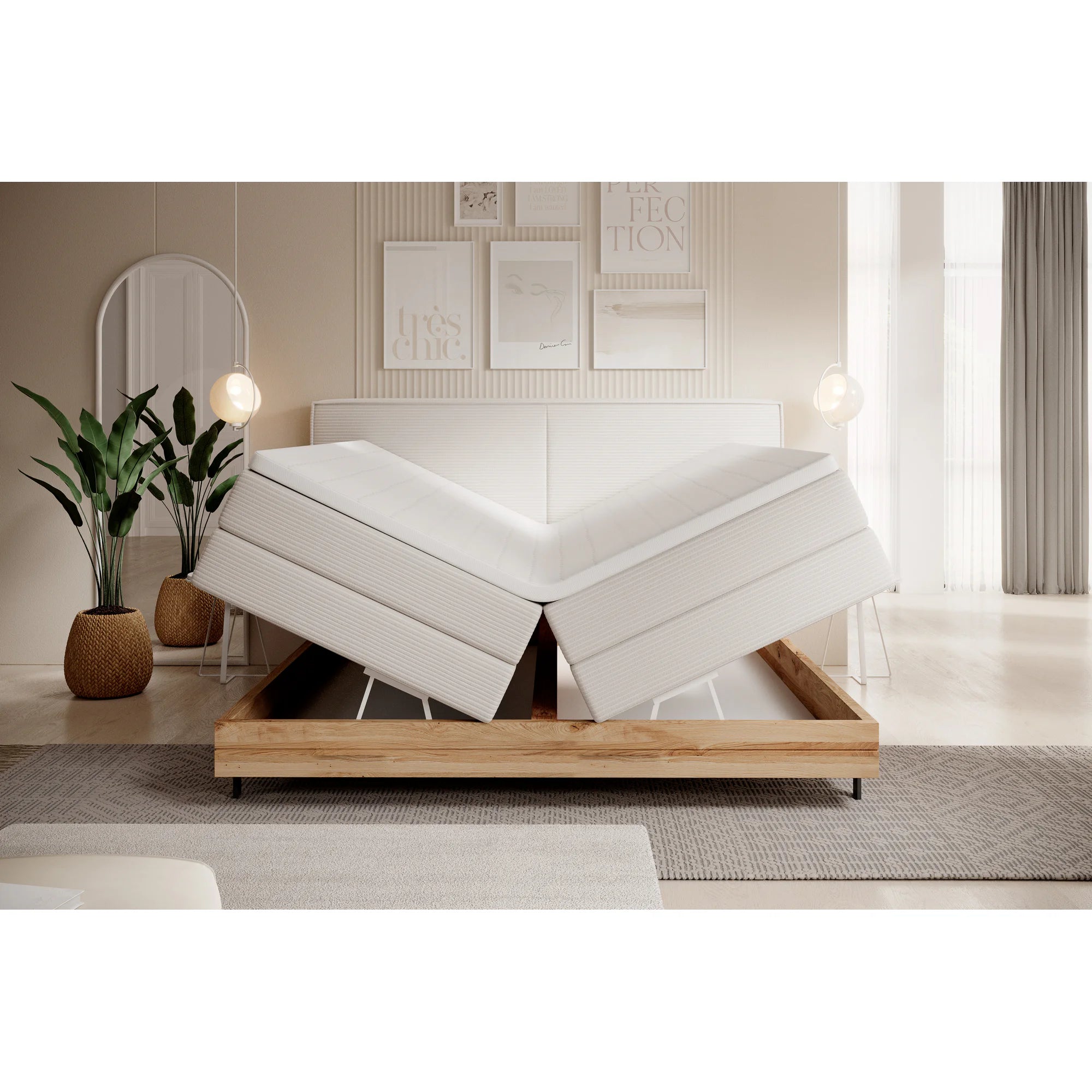 Pat boxspring NEBIA 160x200, personalizabil materiale gama Oferta Avantaj, cu saltele, topper si lada pentru depozitare
