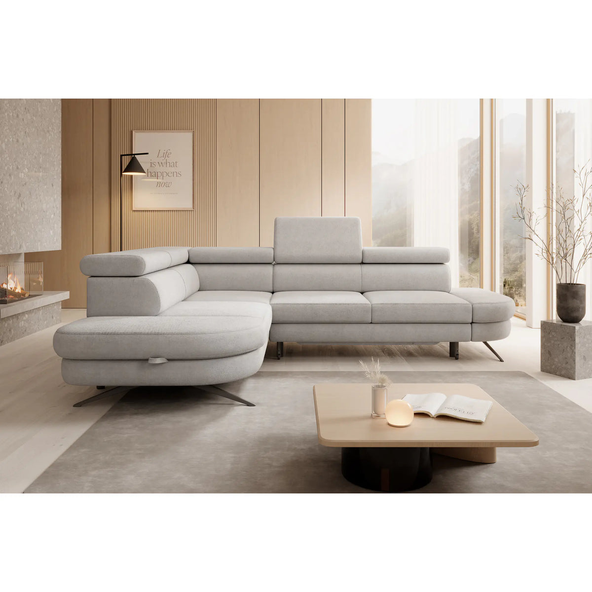 Coltar extensibil OTIS, personalizabil materiale Oferta Avantaj, cu lada depozitare si tetiere reglabile, 276x218x97 cm