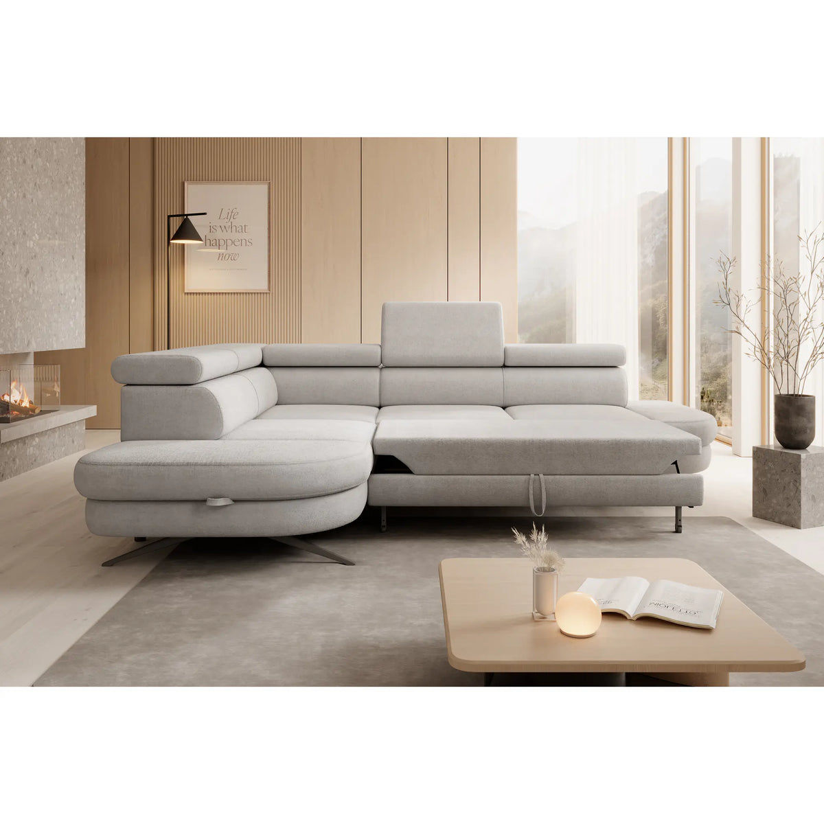 Coltar extensibil OTIS, personalizabil materiale Oferta Avantaj, cu lada depozitare si tetiere reglabile, 276x218x97 cm