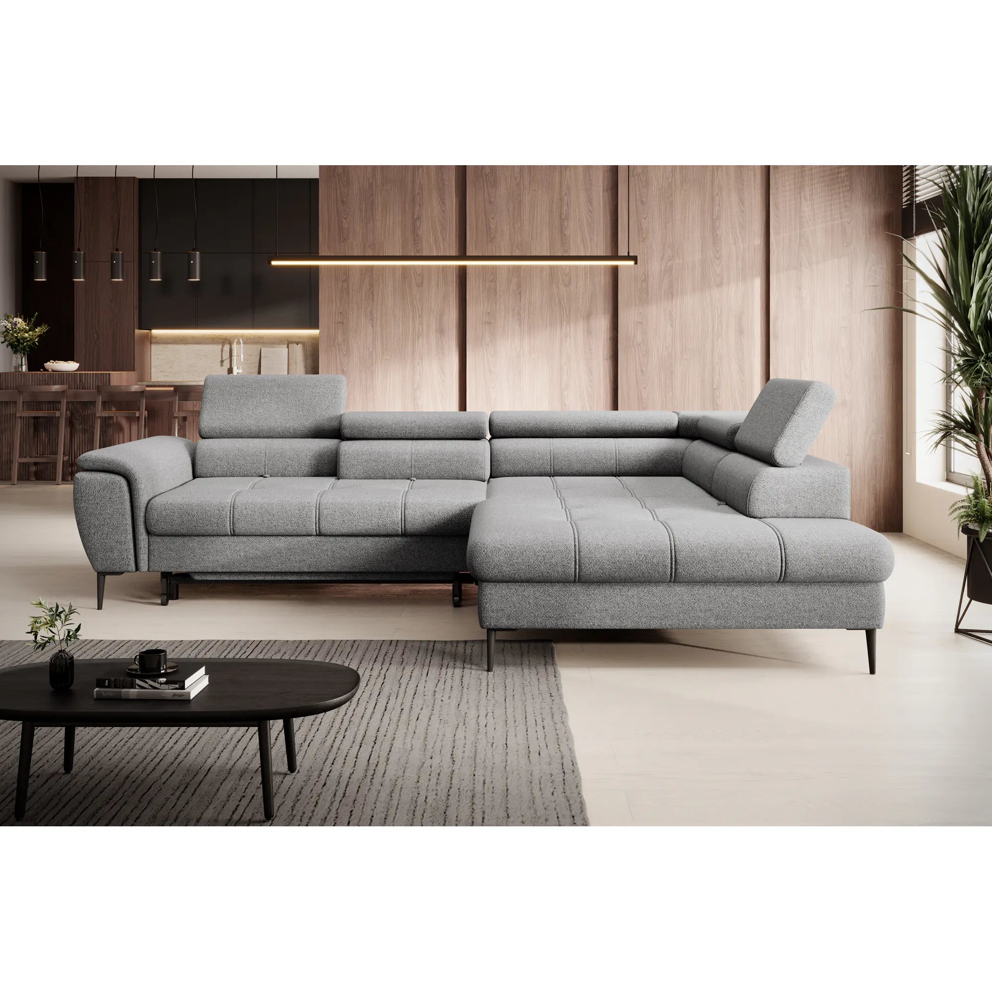 Coltar extensibil DENVER L, personalizabil materiale Gama Premium, cu lada depozitare, 288x218x94 cm