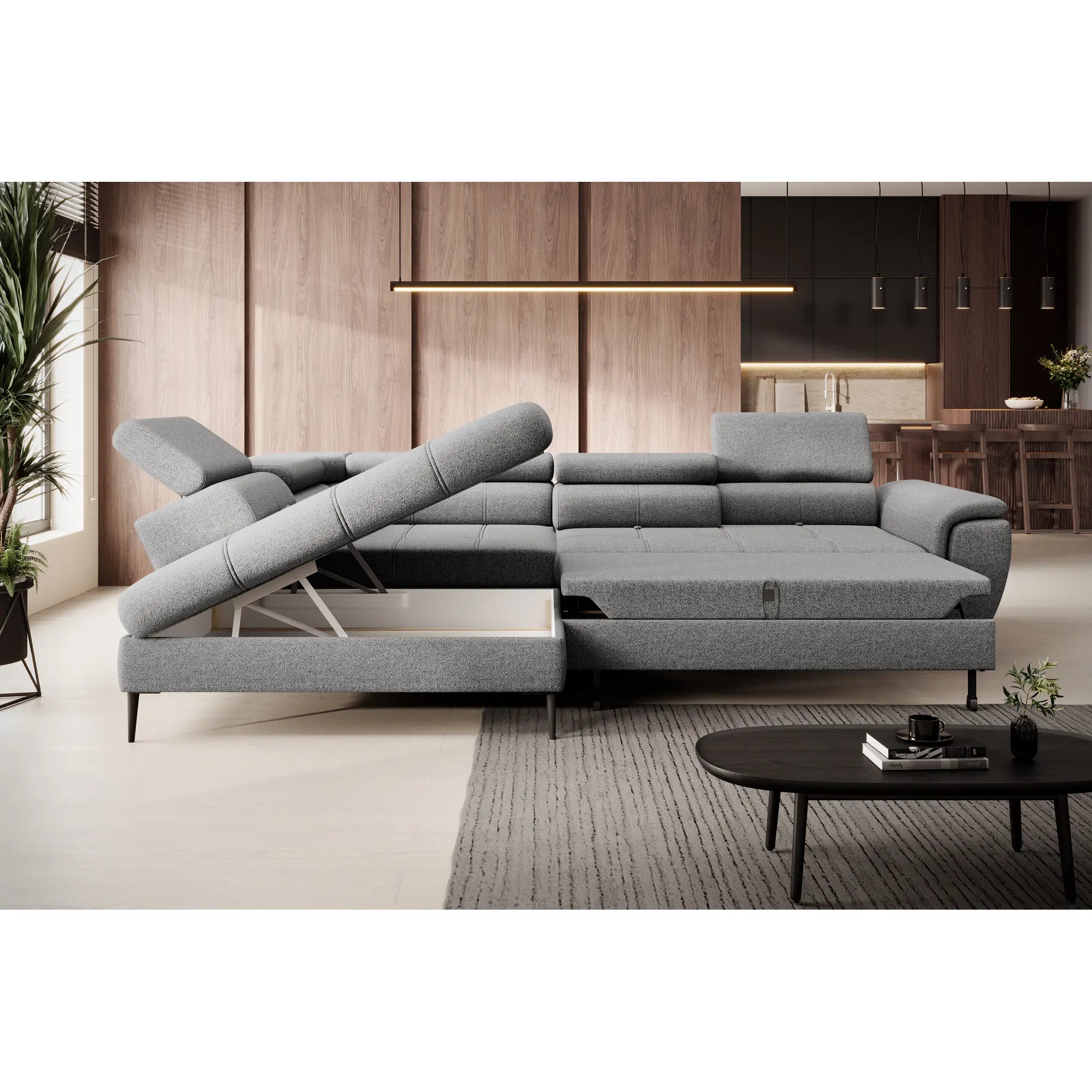Coltar extensibil DENVER L, personalizabil materiale gama Oferta Avantaj, cu lada depozitare, 288x218x94 cm