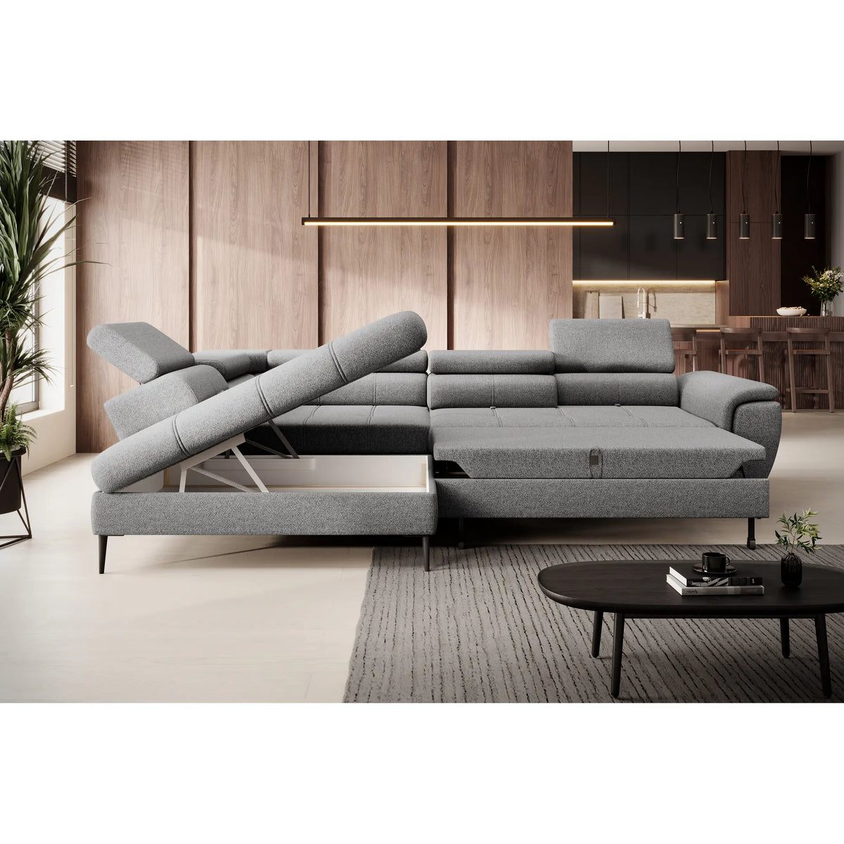 Coltar extensibil DENVER L, personalizabil materiale Gama Premium, cu lada depozitare, 288x218x94 cm